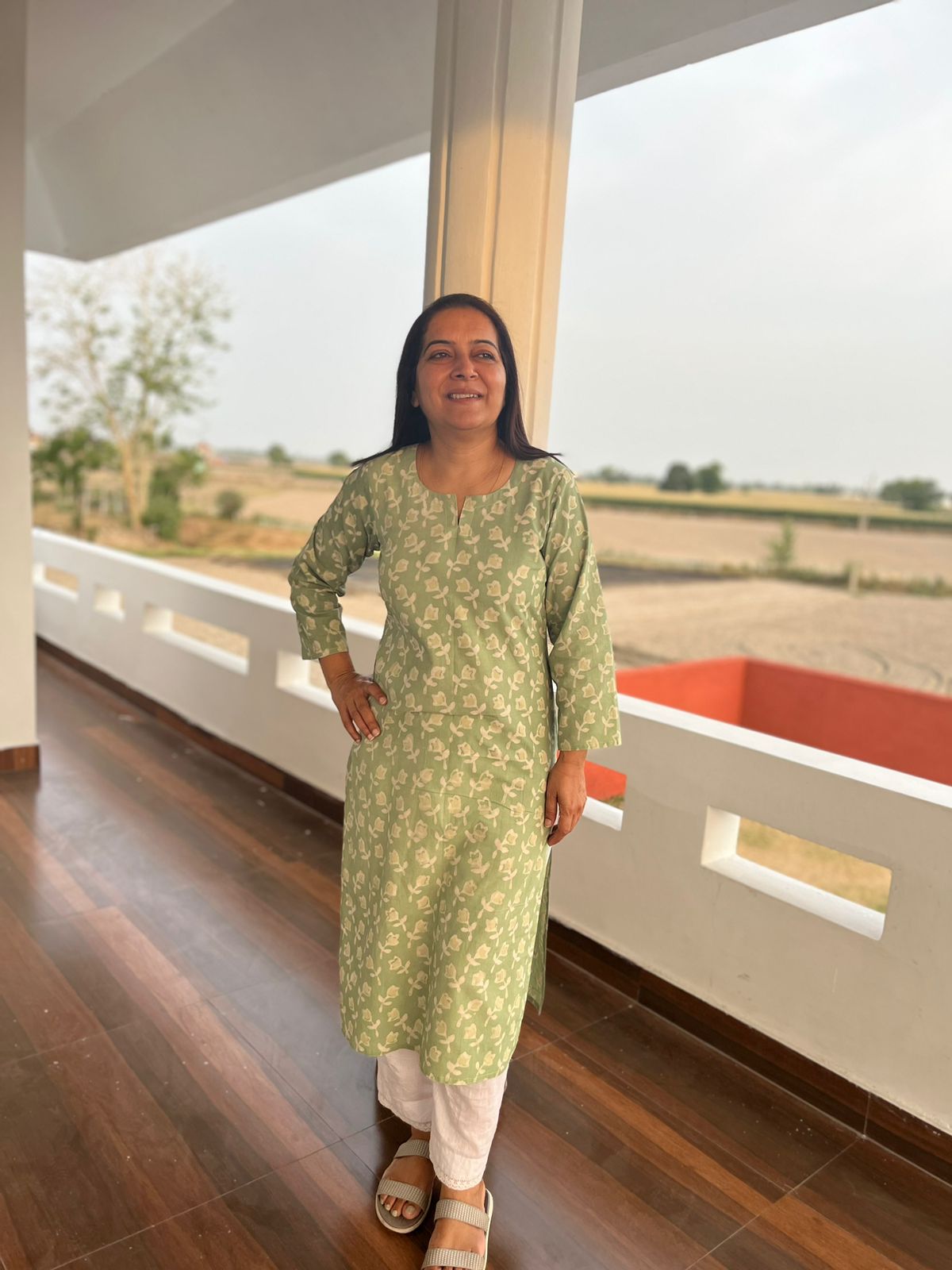 Green Cotton Hand Block Printed Knee Length Kurta