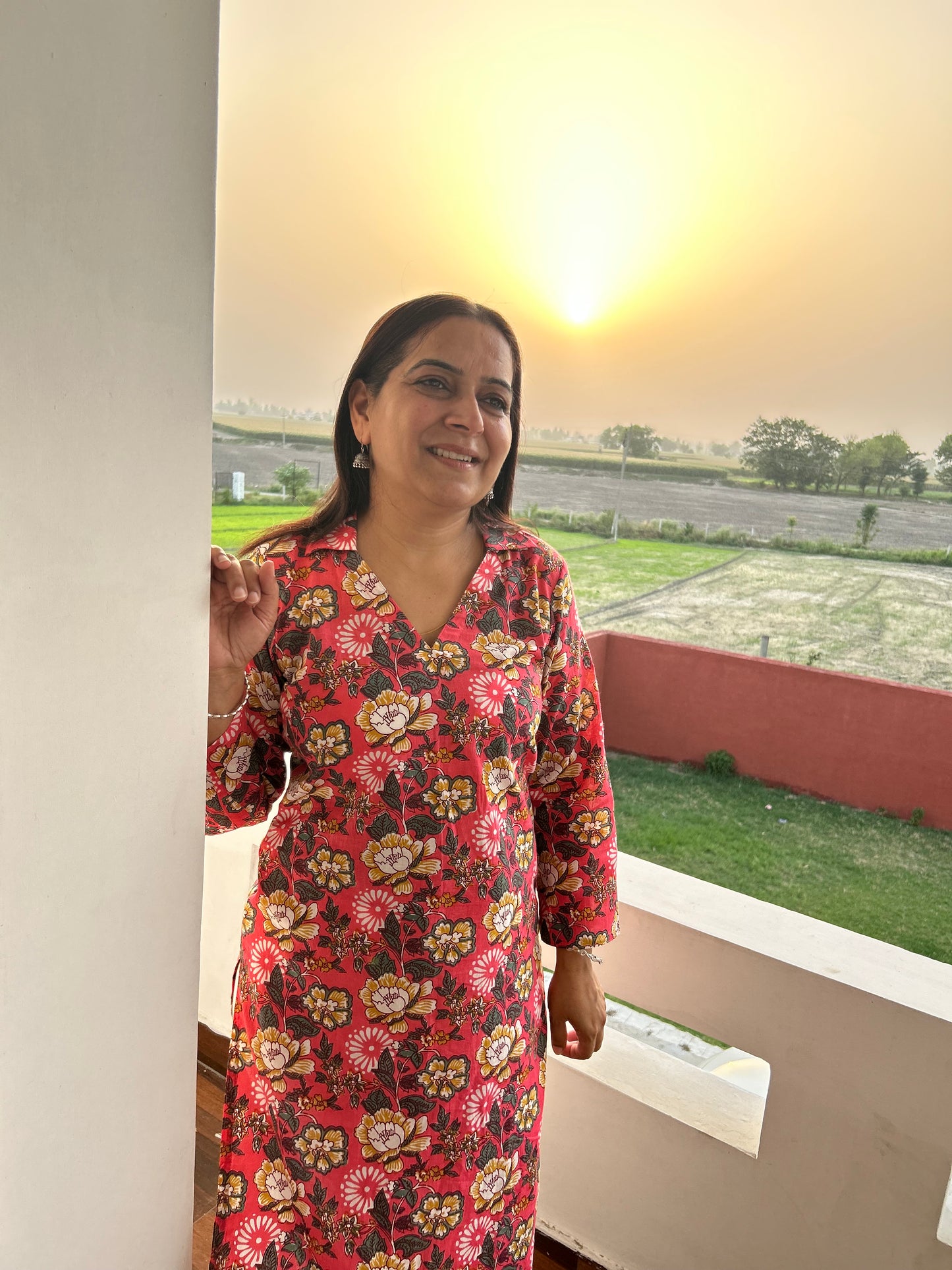 Red Block Printed Kurta