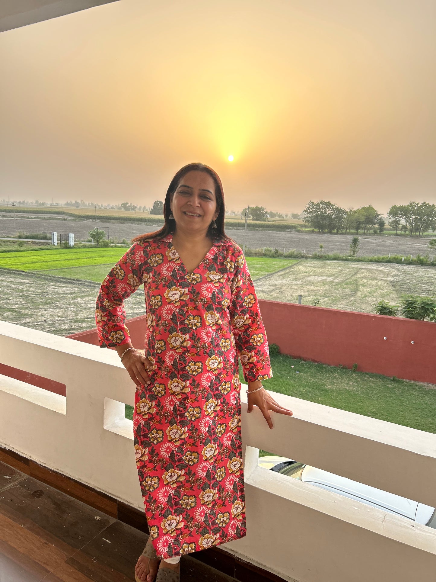 Red Block Printed Kurta