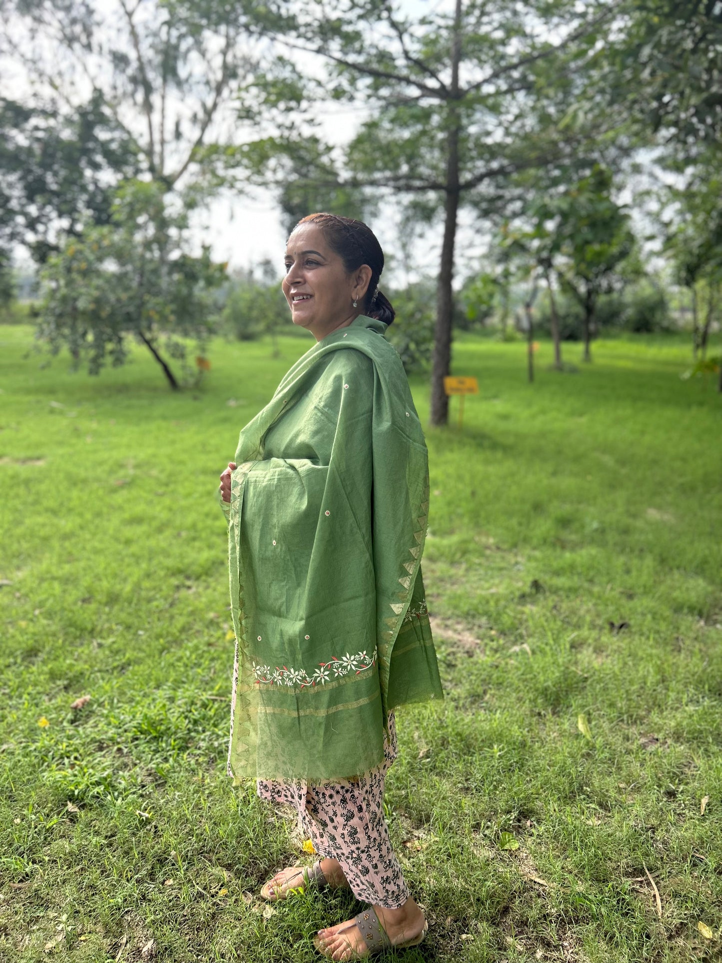 Green Chanderi Chikankari Dupatta