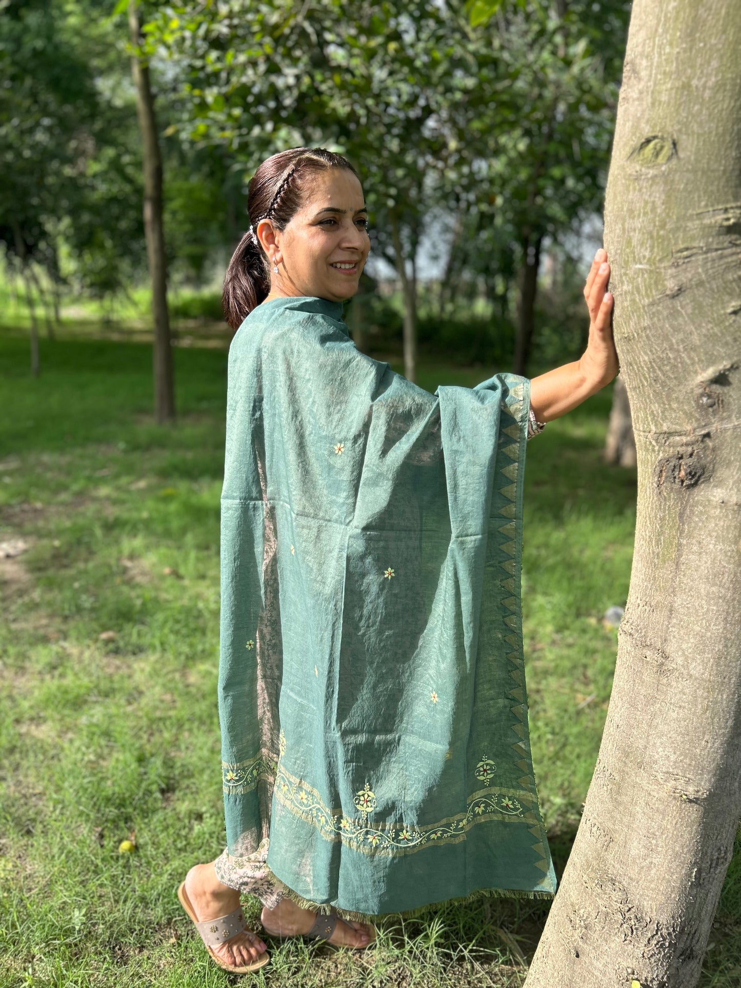 Green Chanderi Chikankari Dupatta