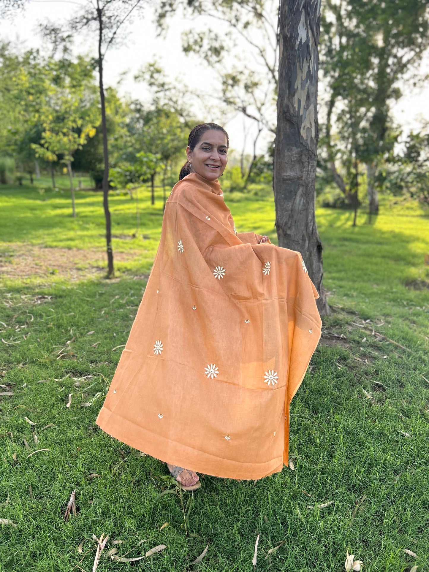 Light Brown Cotton Voile Chikankari Dupatta