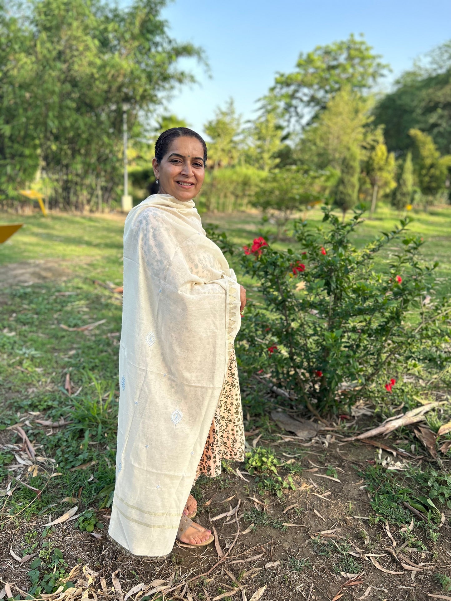 Off White Chanderi Chikankari Dupatta