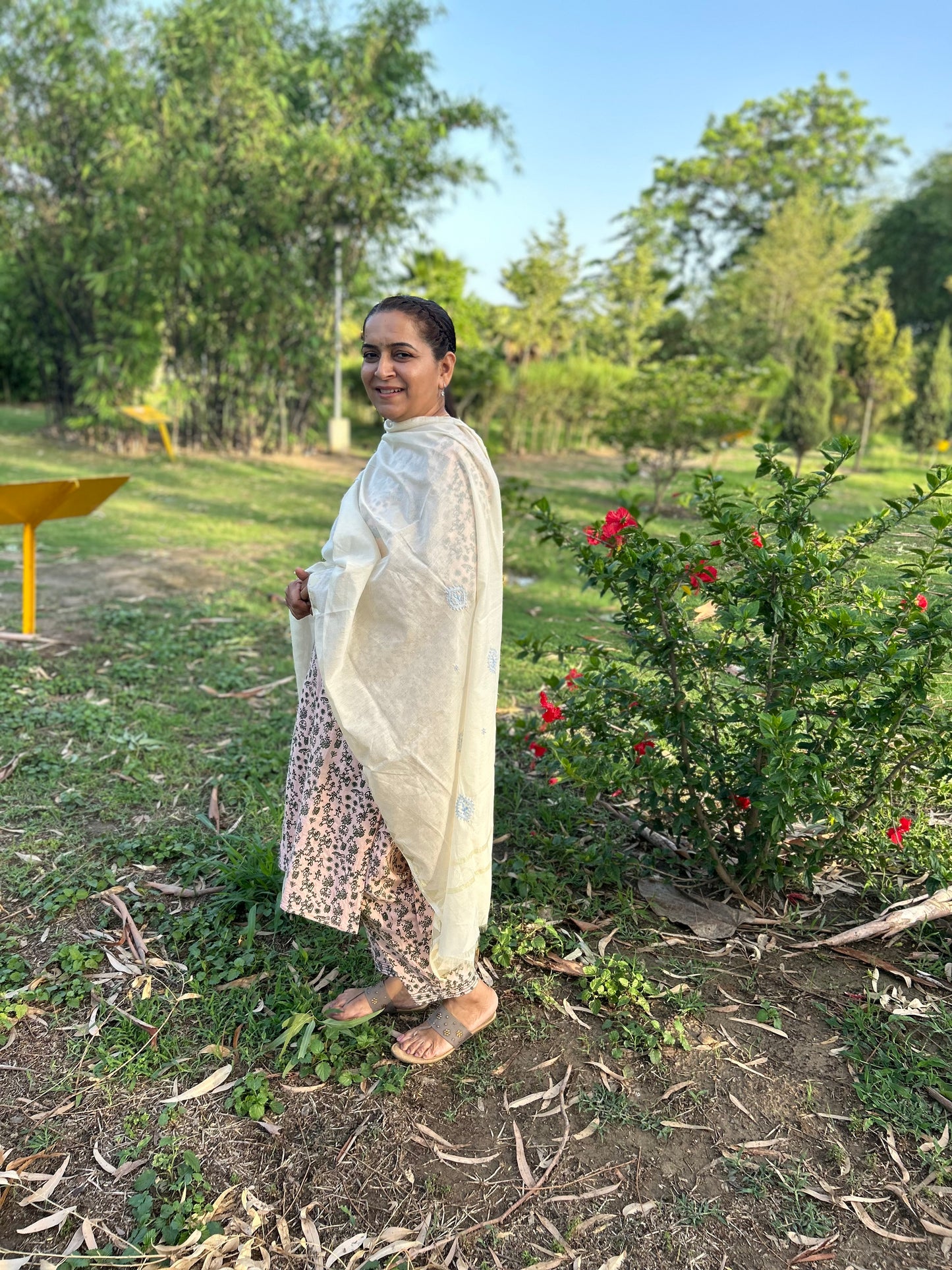 Off White Chanderi Chikankari Dupatta