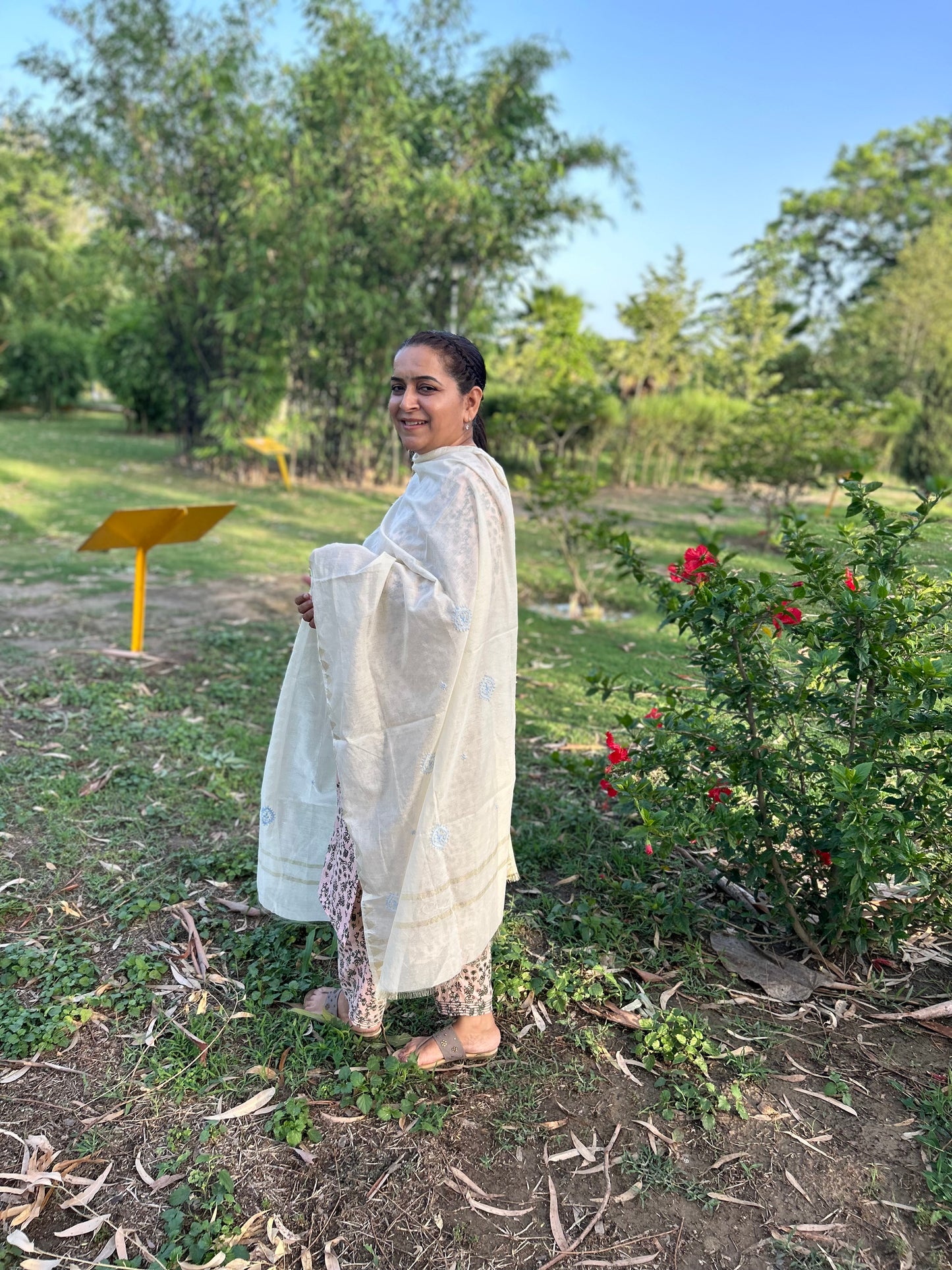 Off White Chanderi Chikankari Dupatta