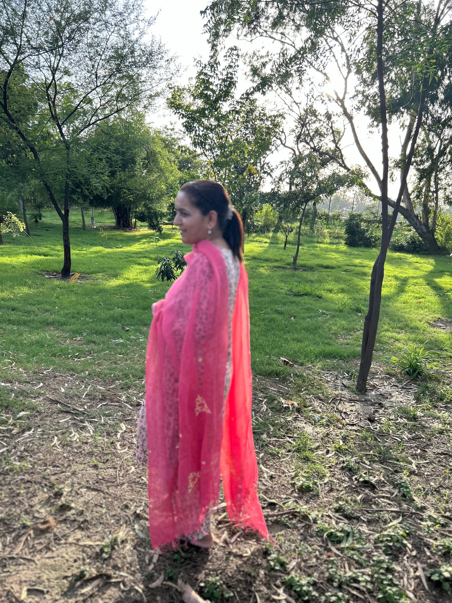 Pink Kota Doria Chikankari Dupatta