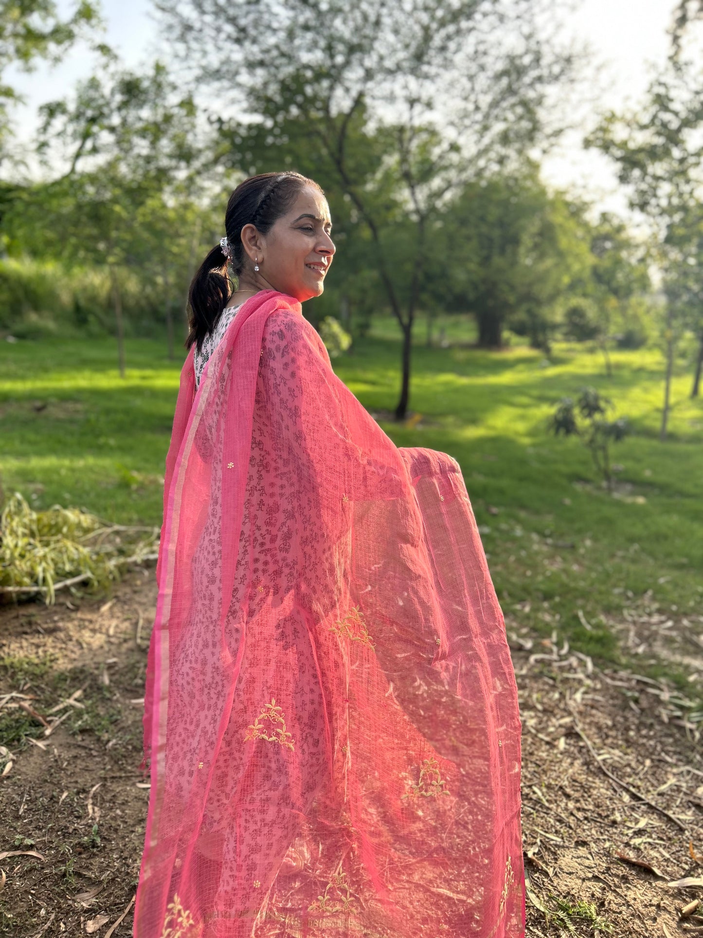 Pink Kota Doria Chikankari Dupatta