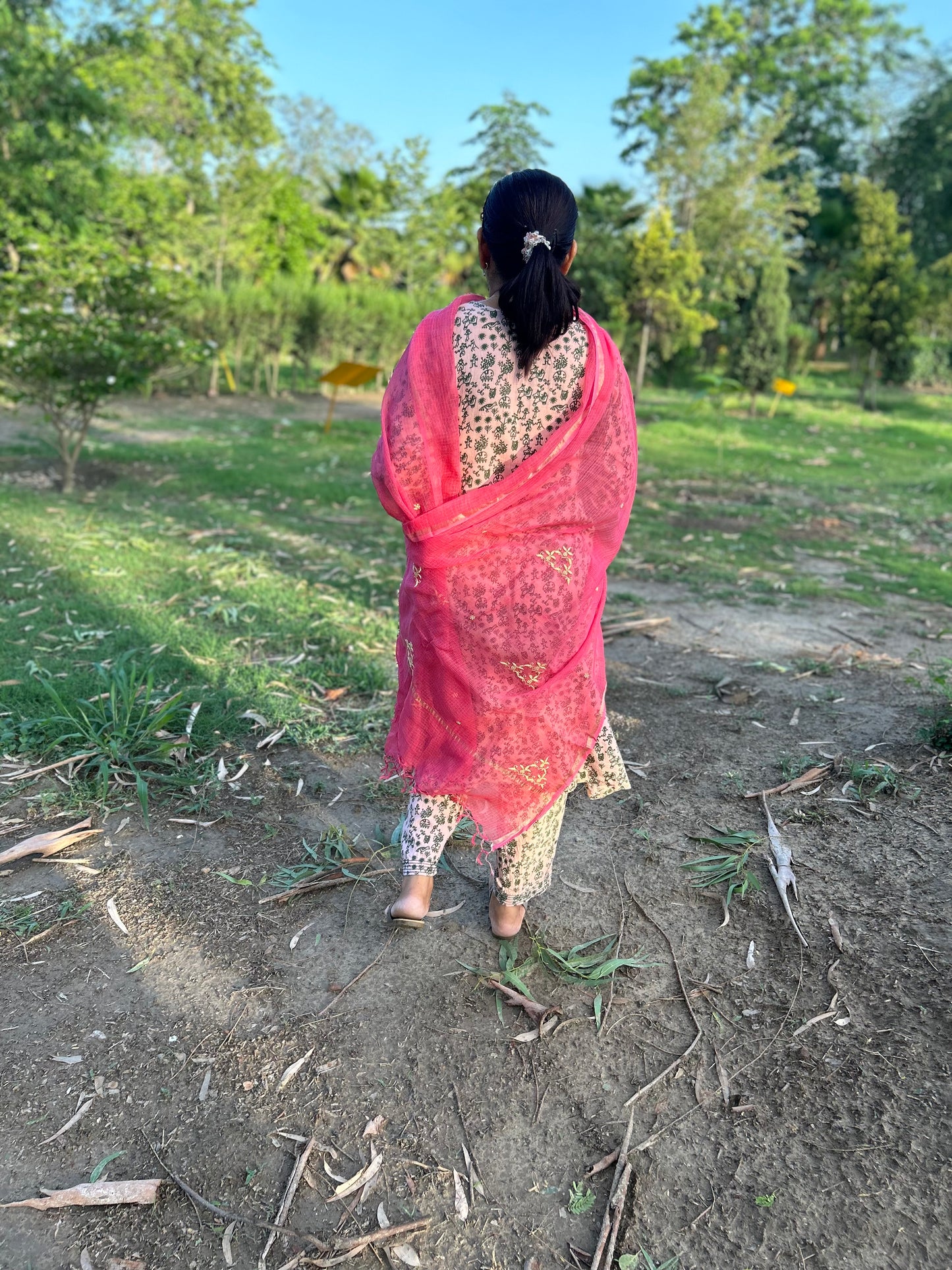 Pink Kota Doria Chikankari Dupatta