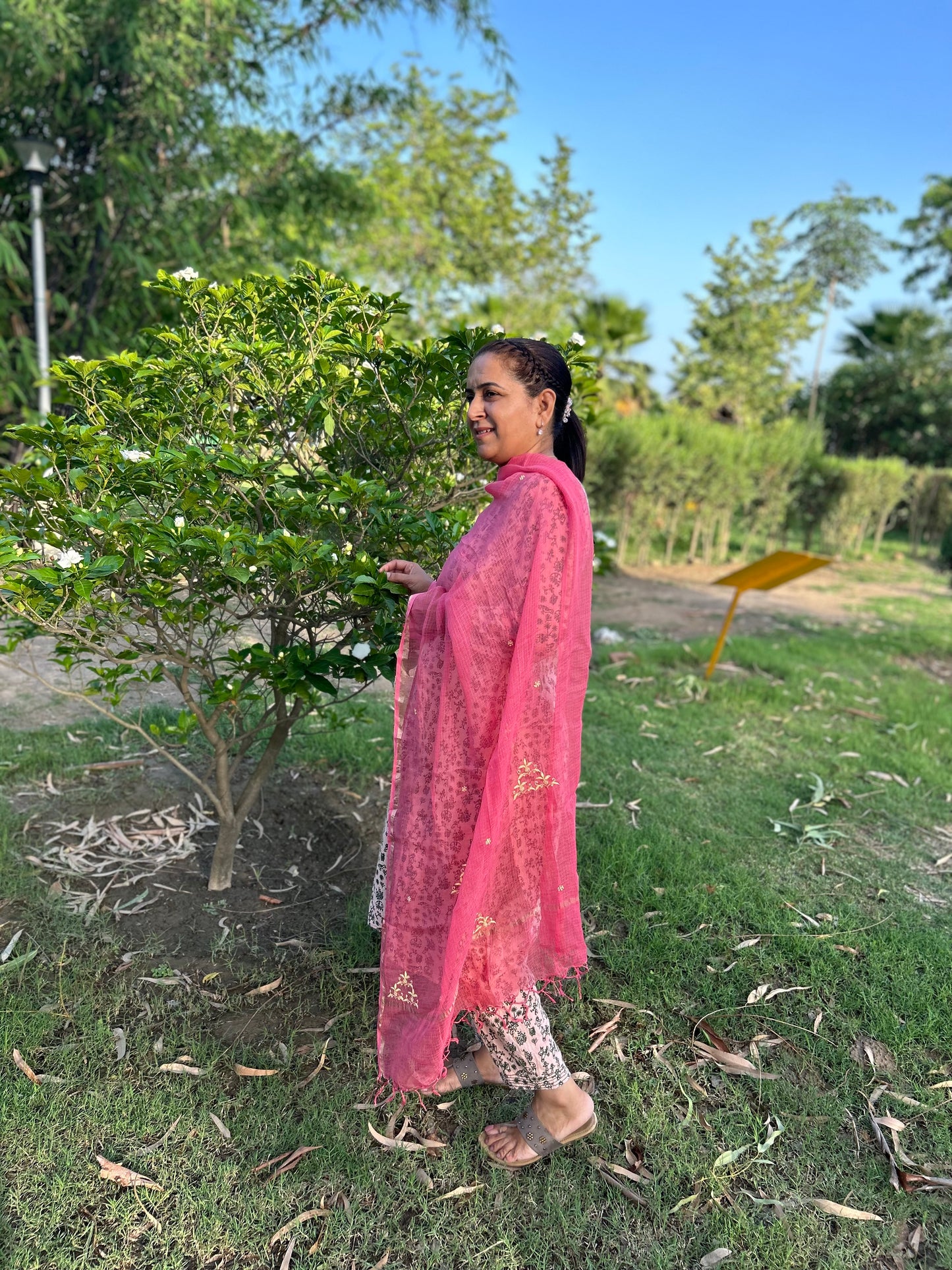 Pink Kota Doria Chikankari Dupatta