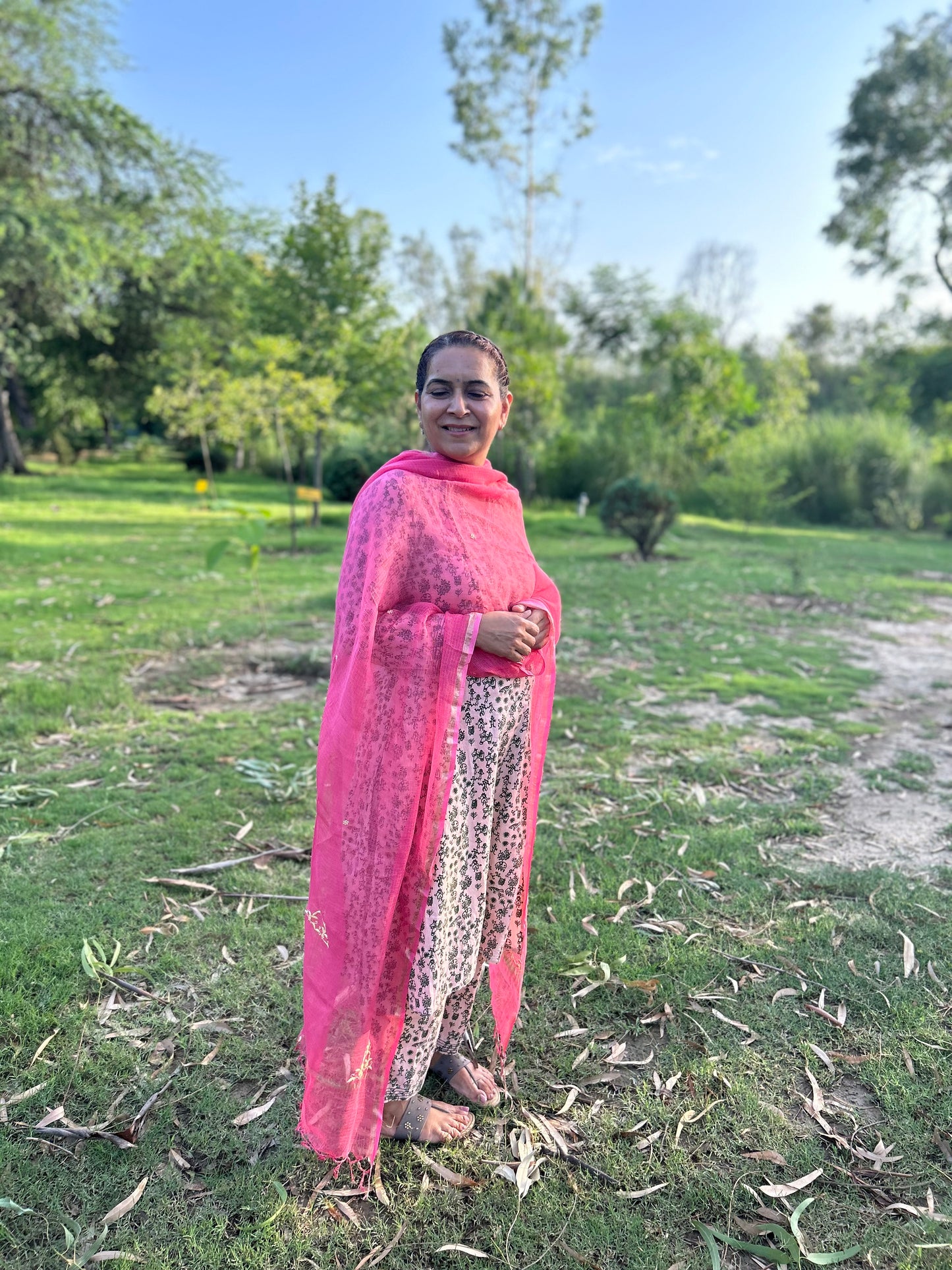 Pink Kota Doria Chikankari Dupatta