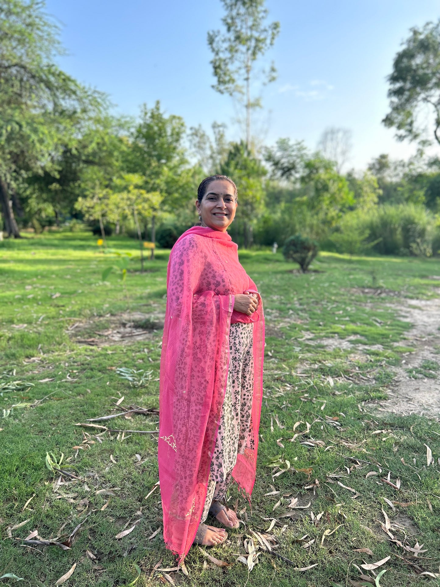 Pink Kota Doria Chikankari Dupatta