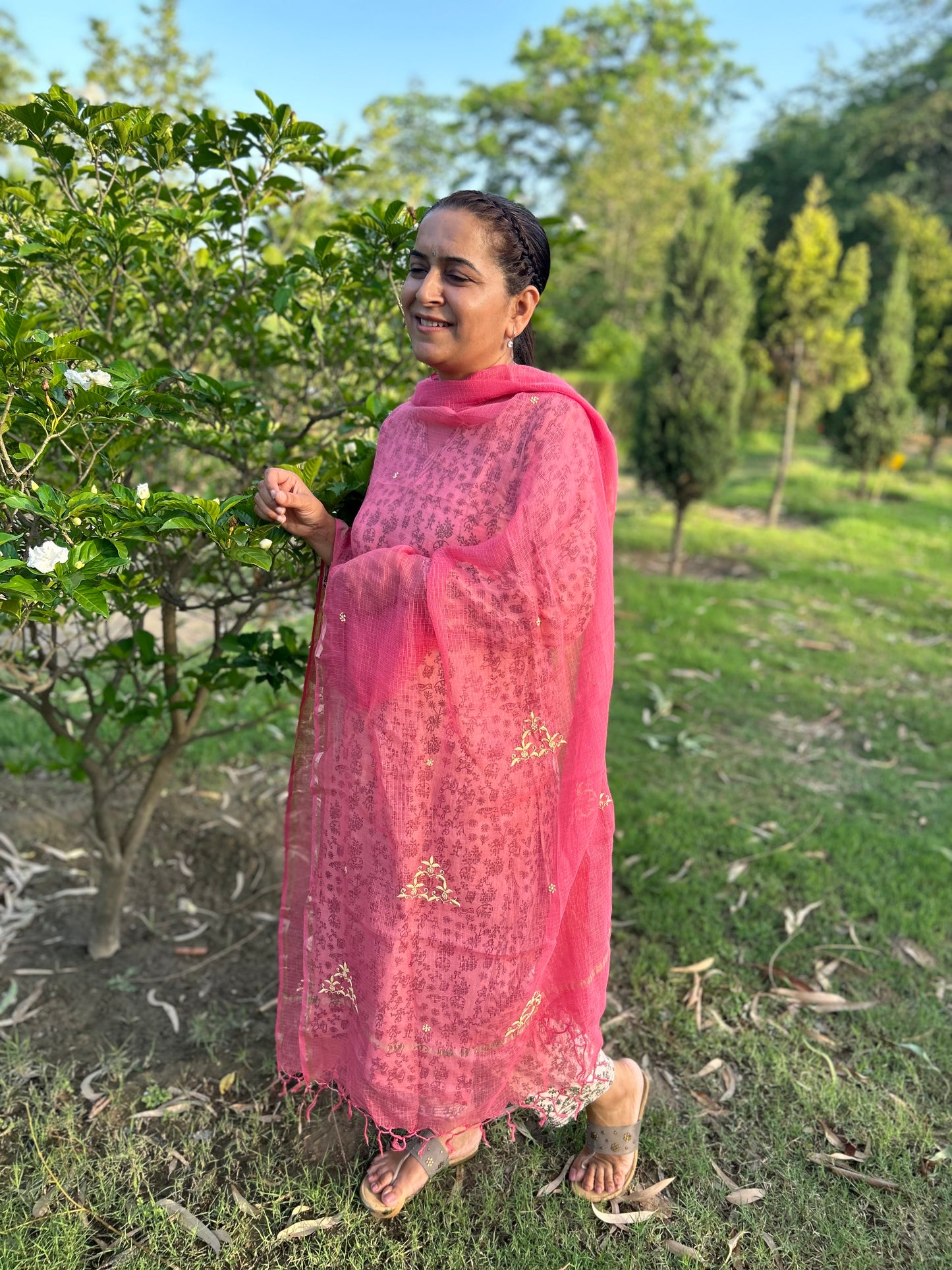 Pink Kota Doria Chikankari Dupatta