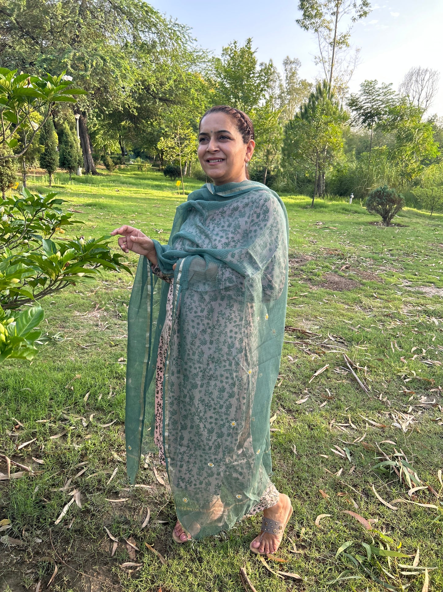 Green Kota Doria Chikankari Dupatta