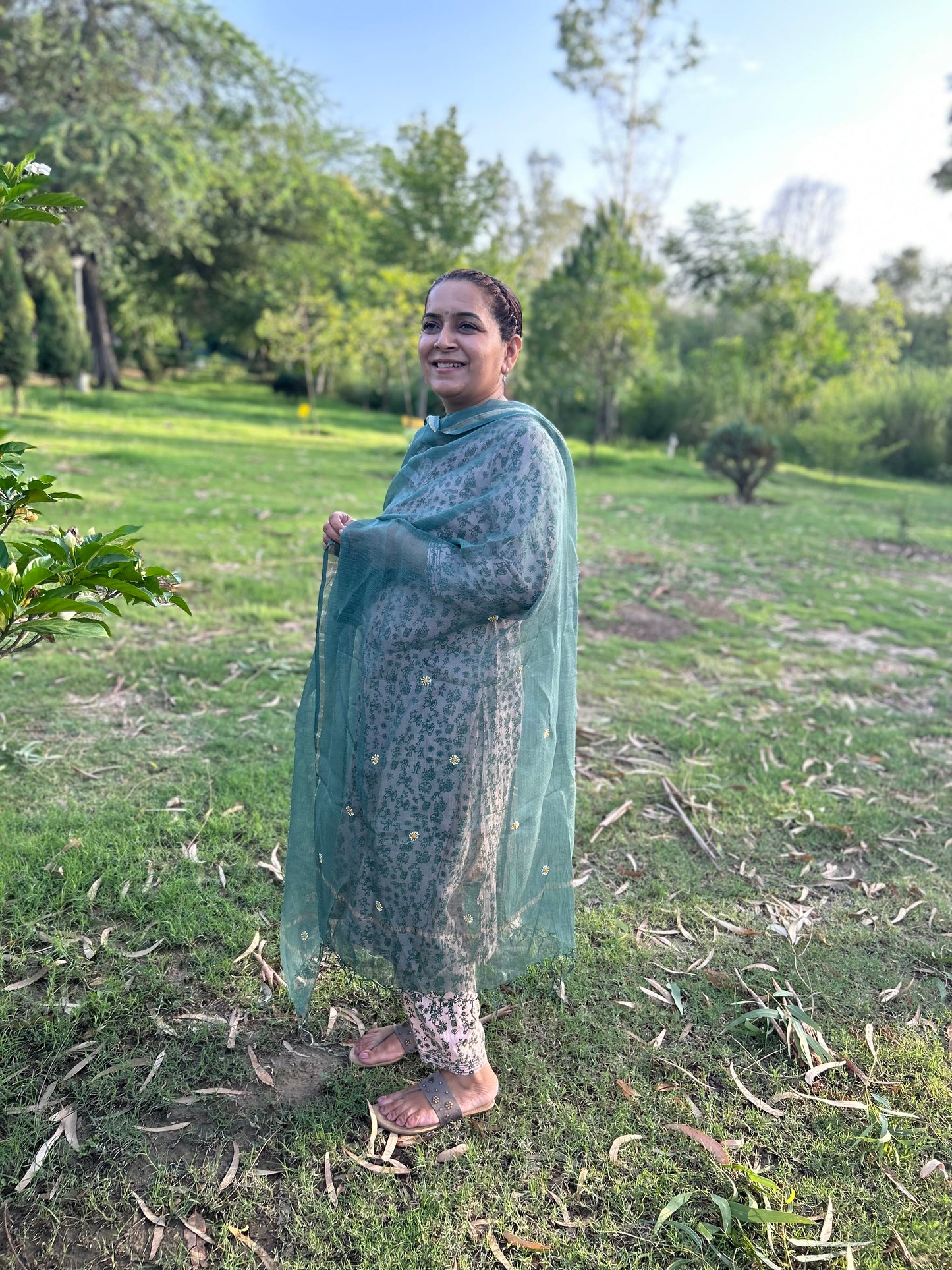 Green Kota Doria Chikankari Dupatta