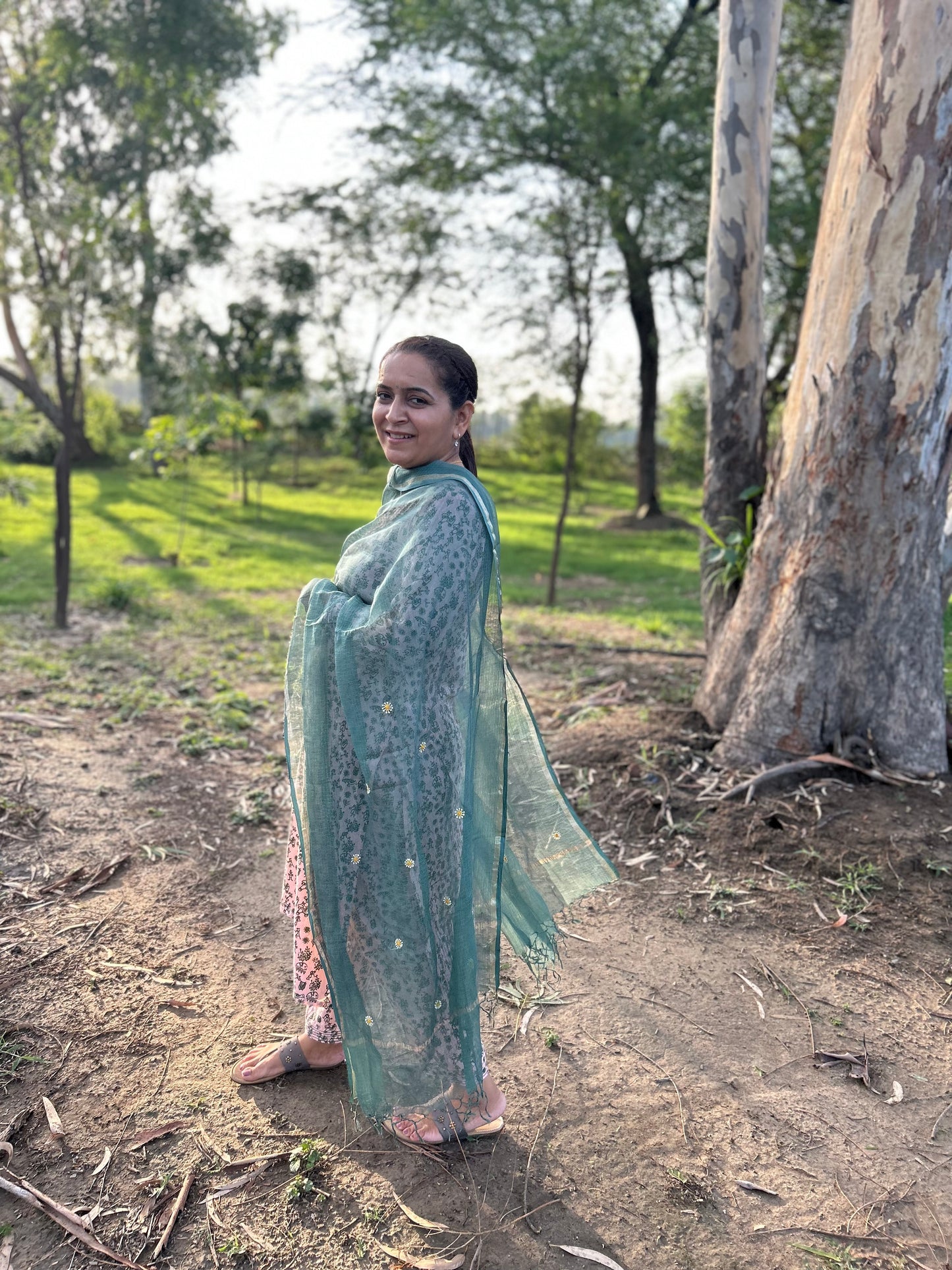 Green Kota Doria Chikankari Dupatta