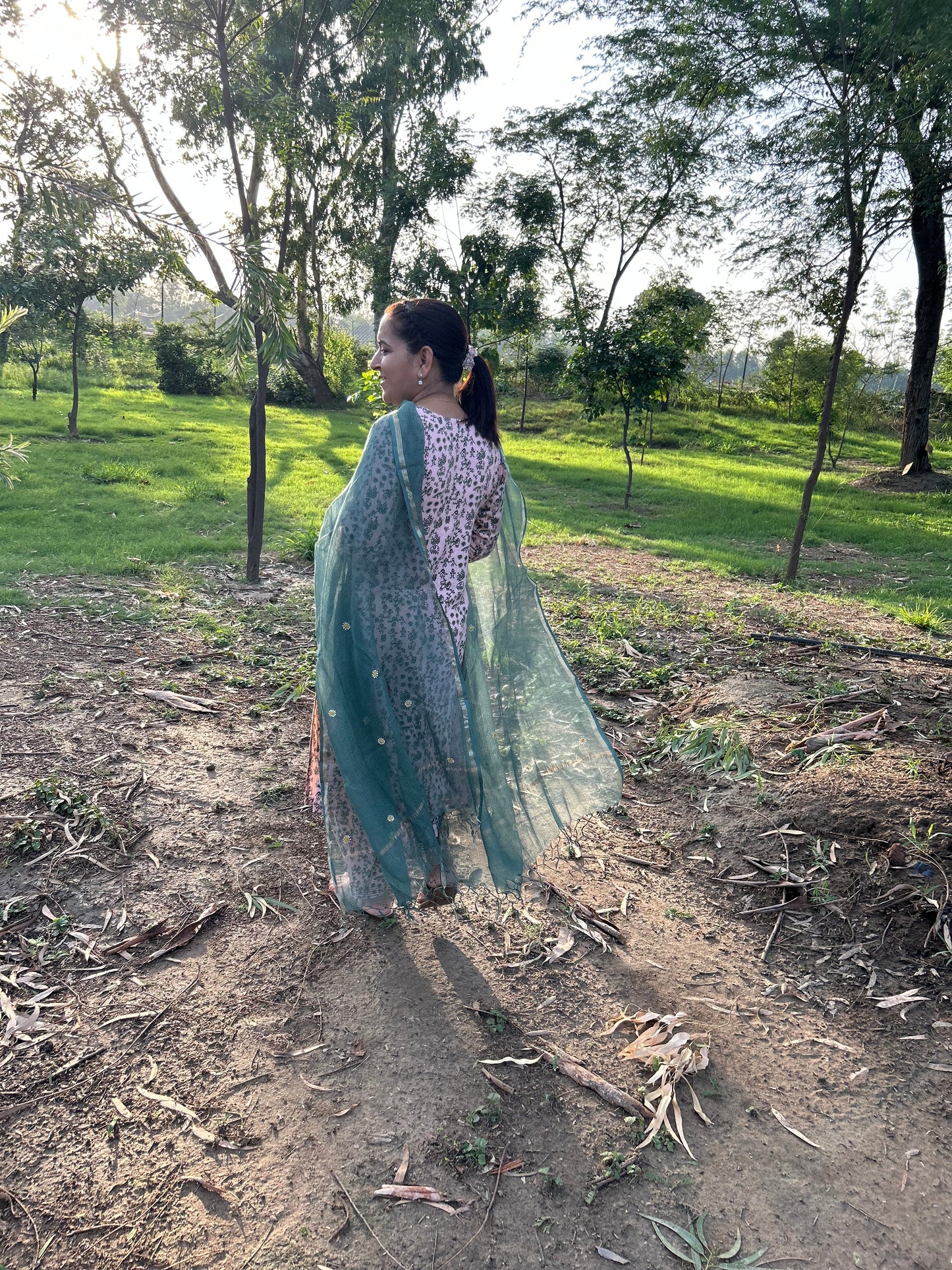 Green Kota Doria Chikankari Dupatta