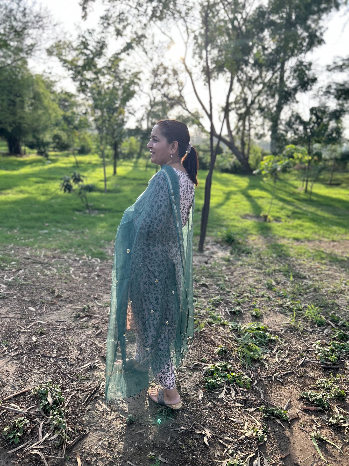 Green Kota Doria Chikankari Dupatta