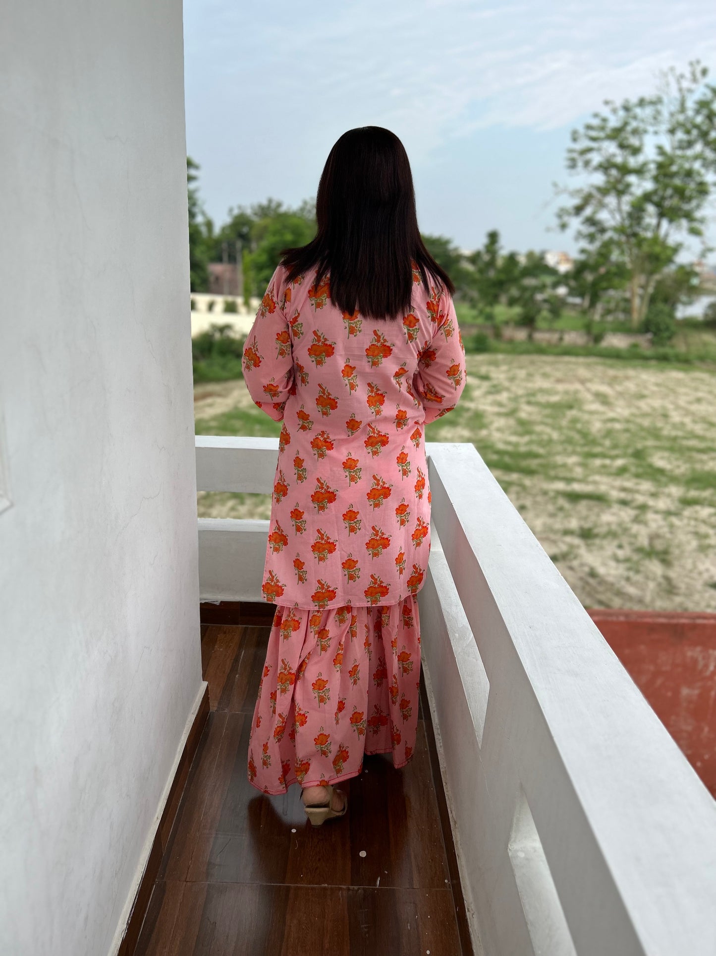 Peach Cotton Printed Sharara Set