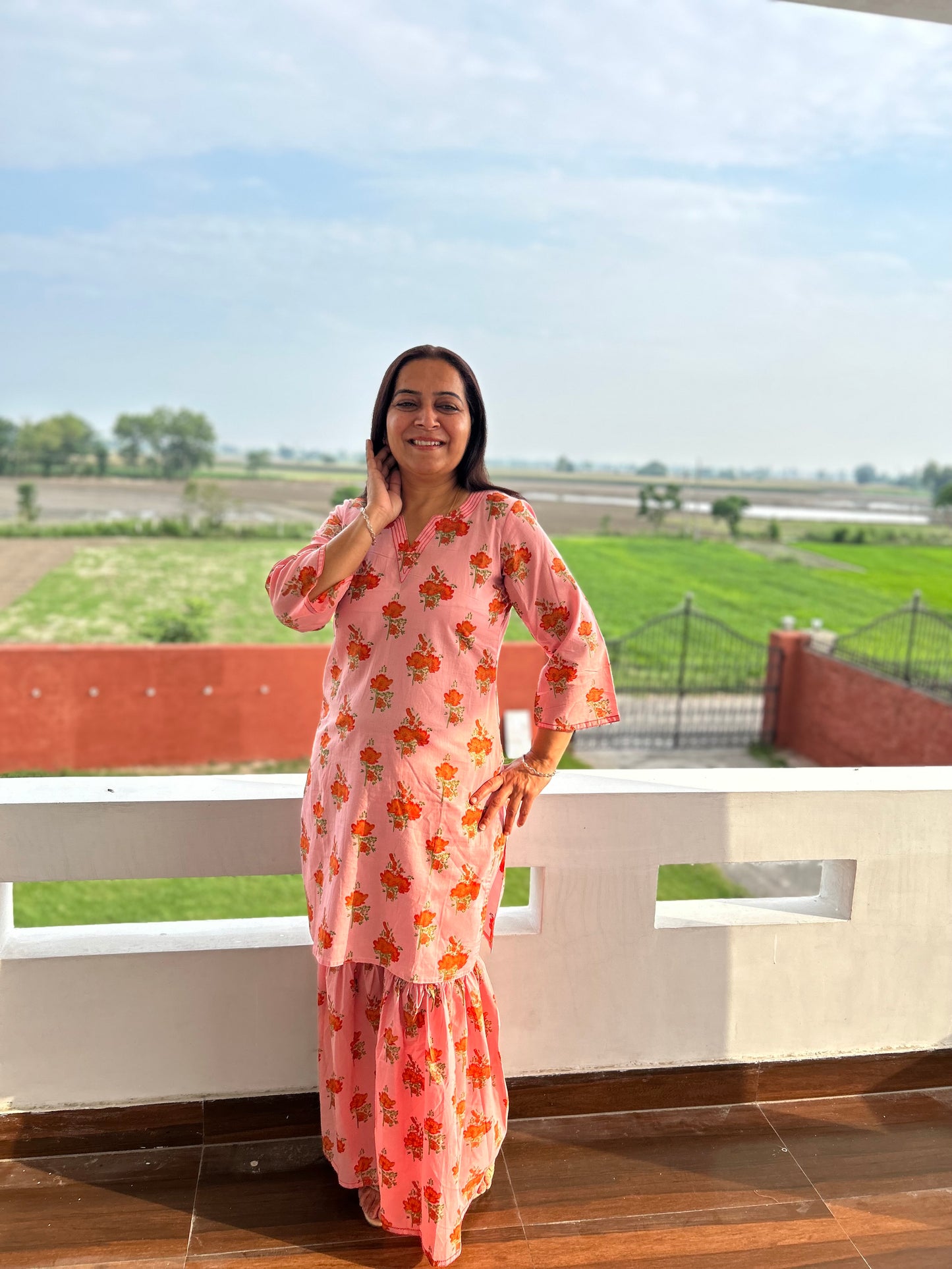 Peach Cotton Printed Sharara Set