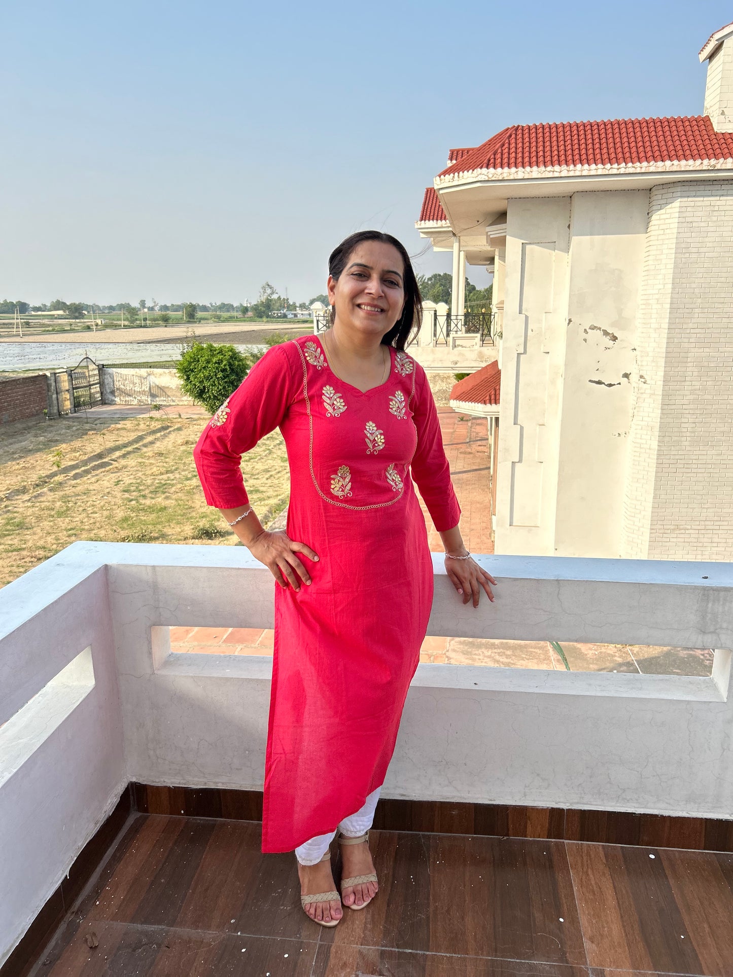 Red Cotton Gota Patti Embroidered Kurta