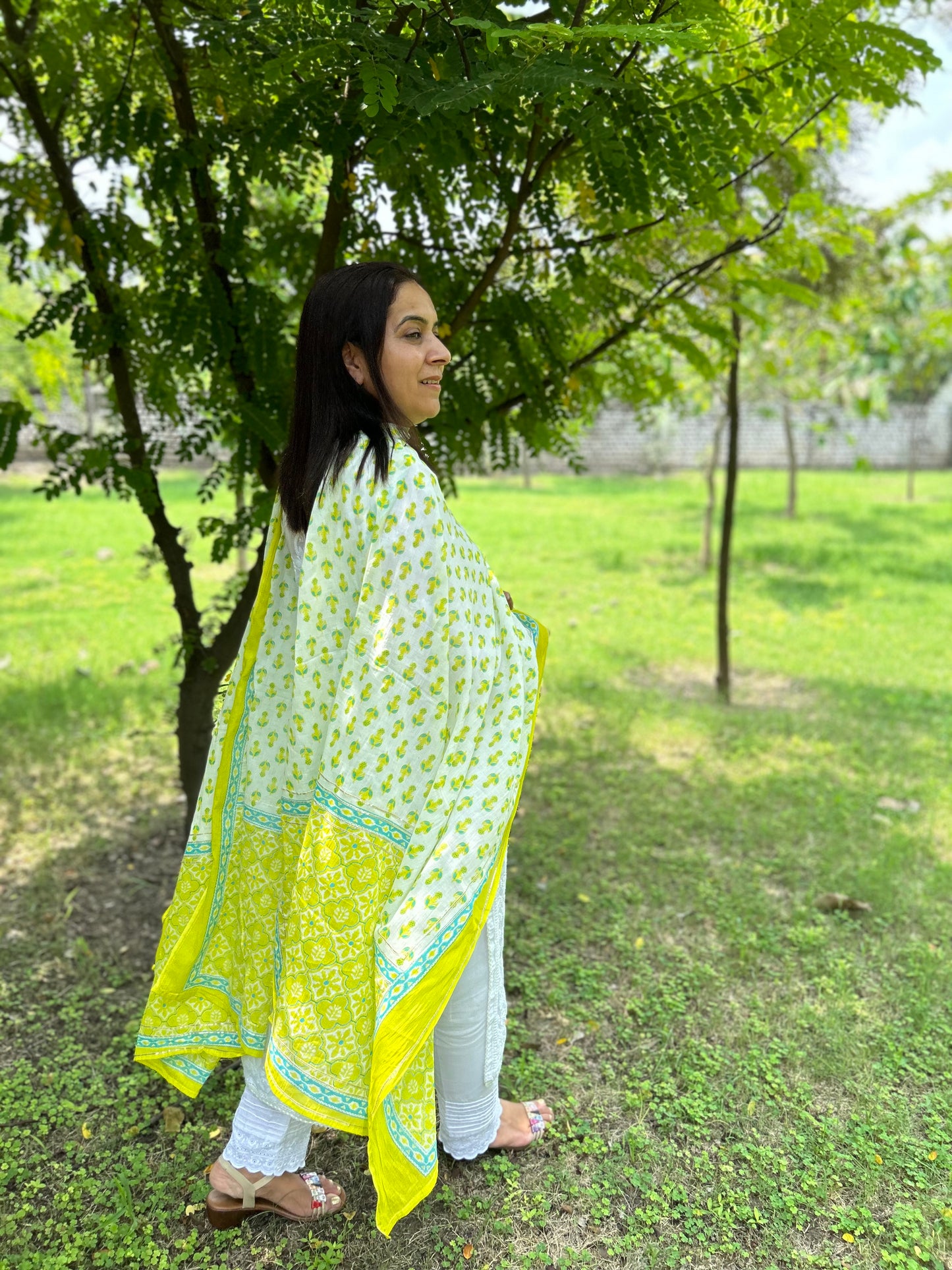 Green Cotton Block Printed Dupatta