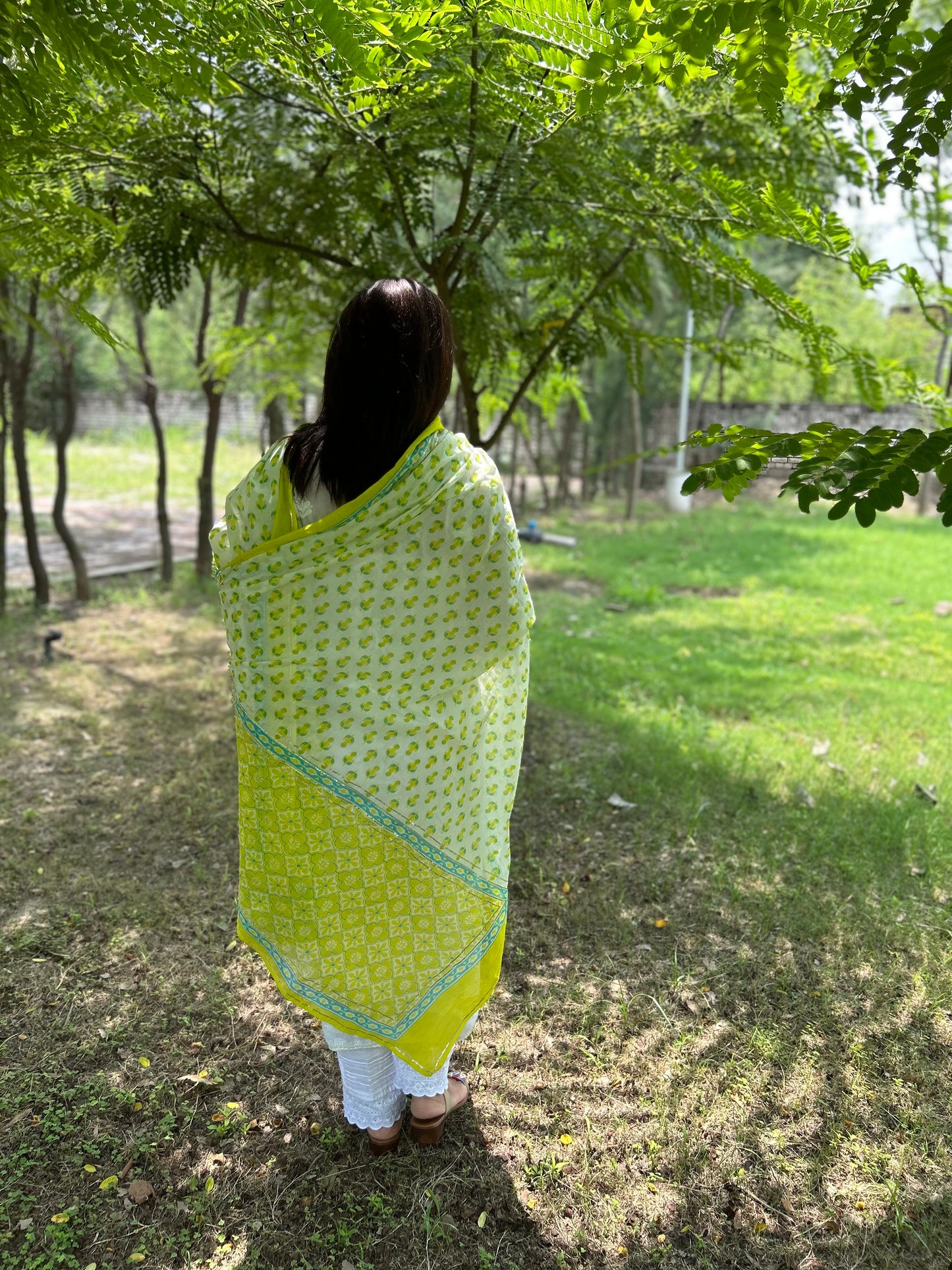 Green Cotton Block Printed Dupatta