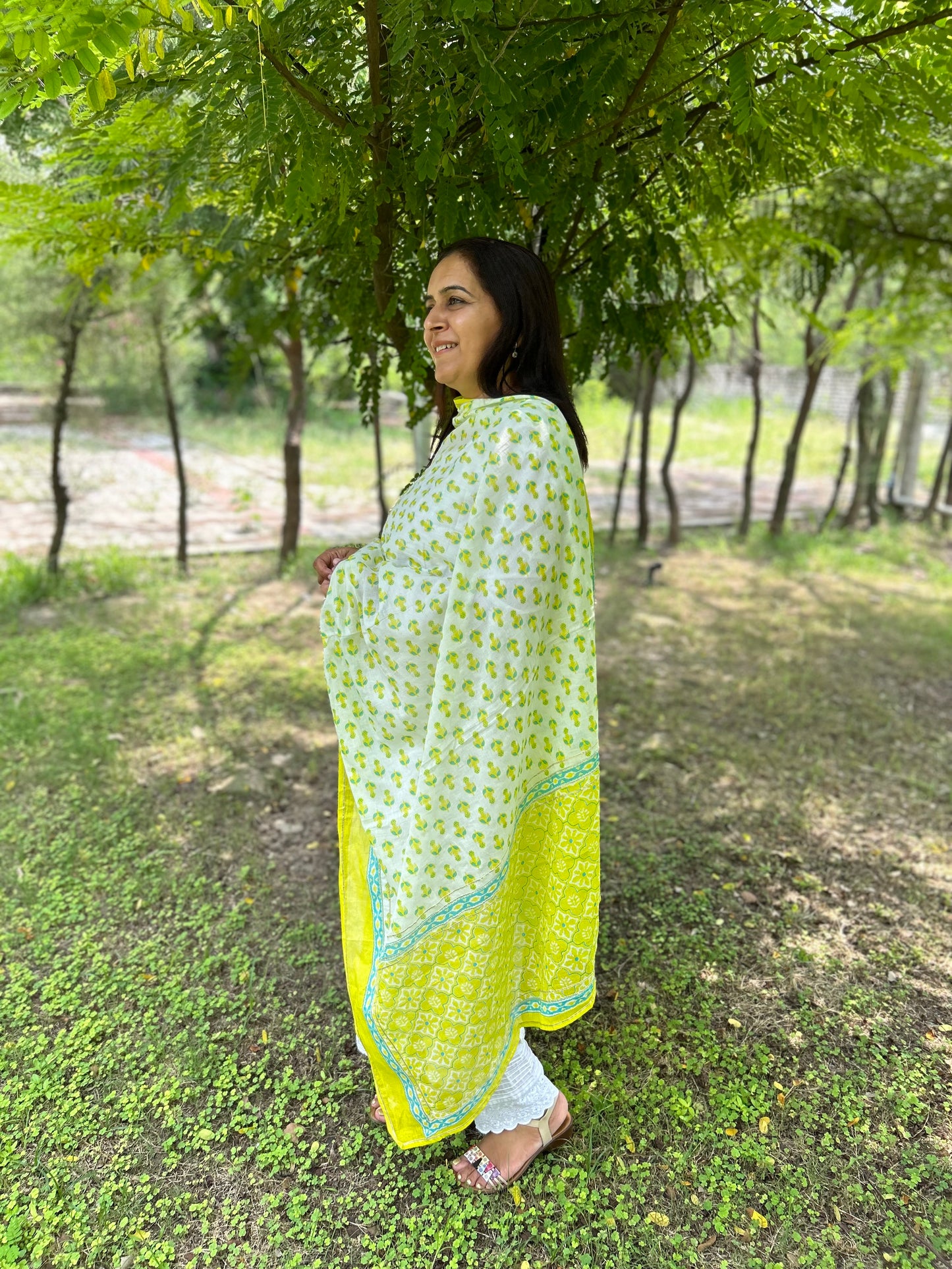 Green Cotton Block Printed Dupatta