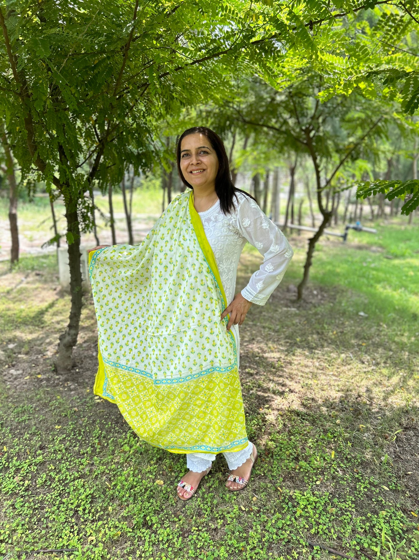 Green Cotton Block Printed Dupatta