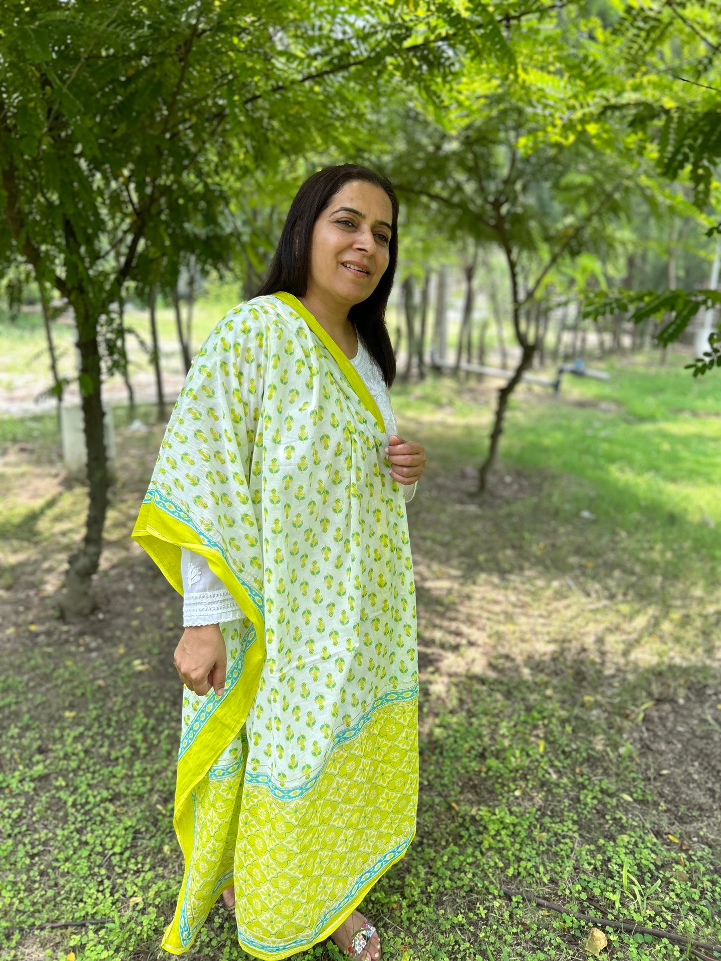 Green Cotton Block Printed Dupatta