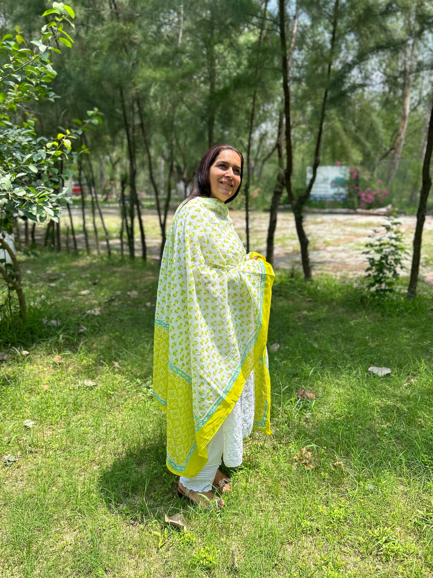 Green Cotton Block Printed Dupatta