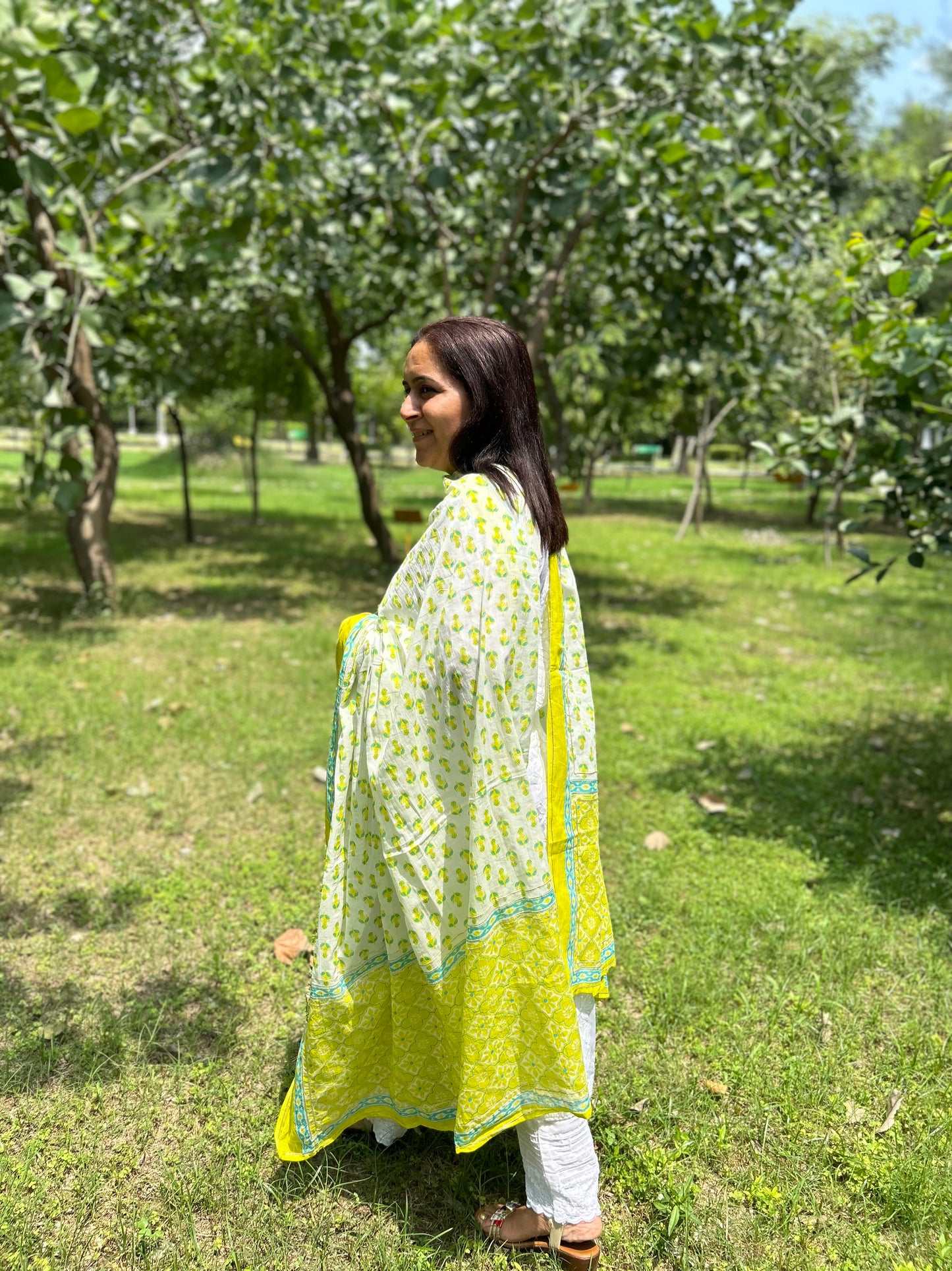 Green Cotton Block Printed Dupatta