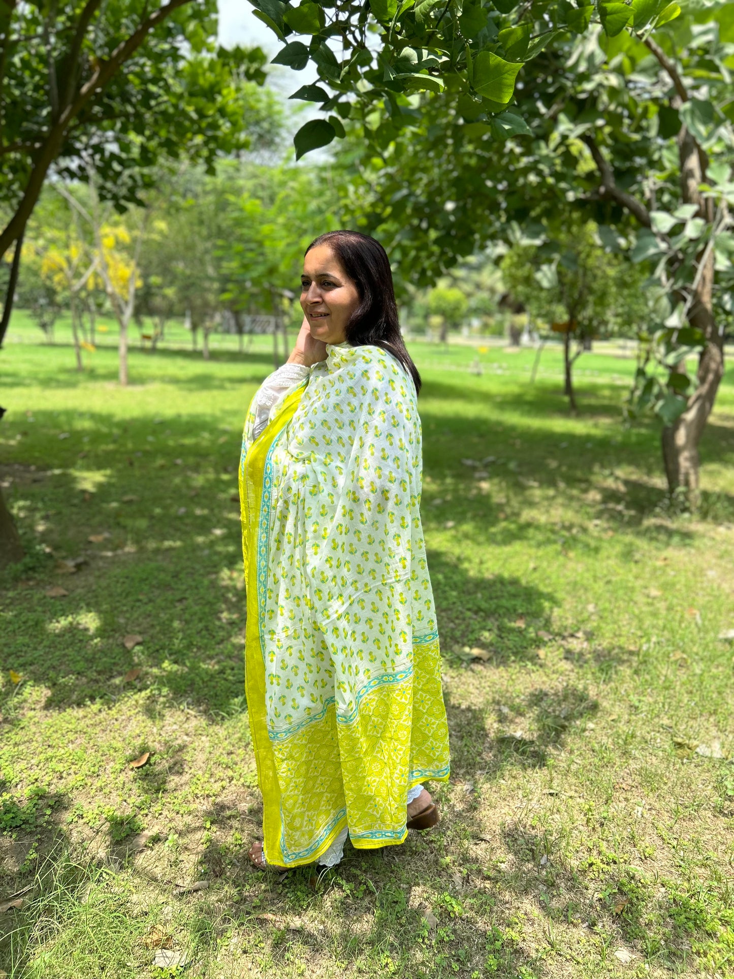 Green Cotton Block Printed Dupatta