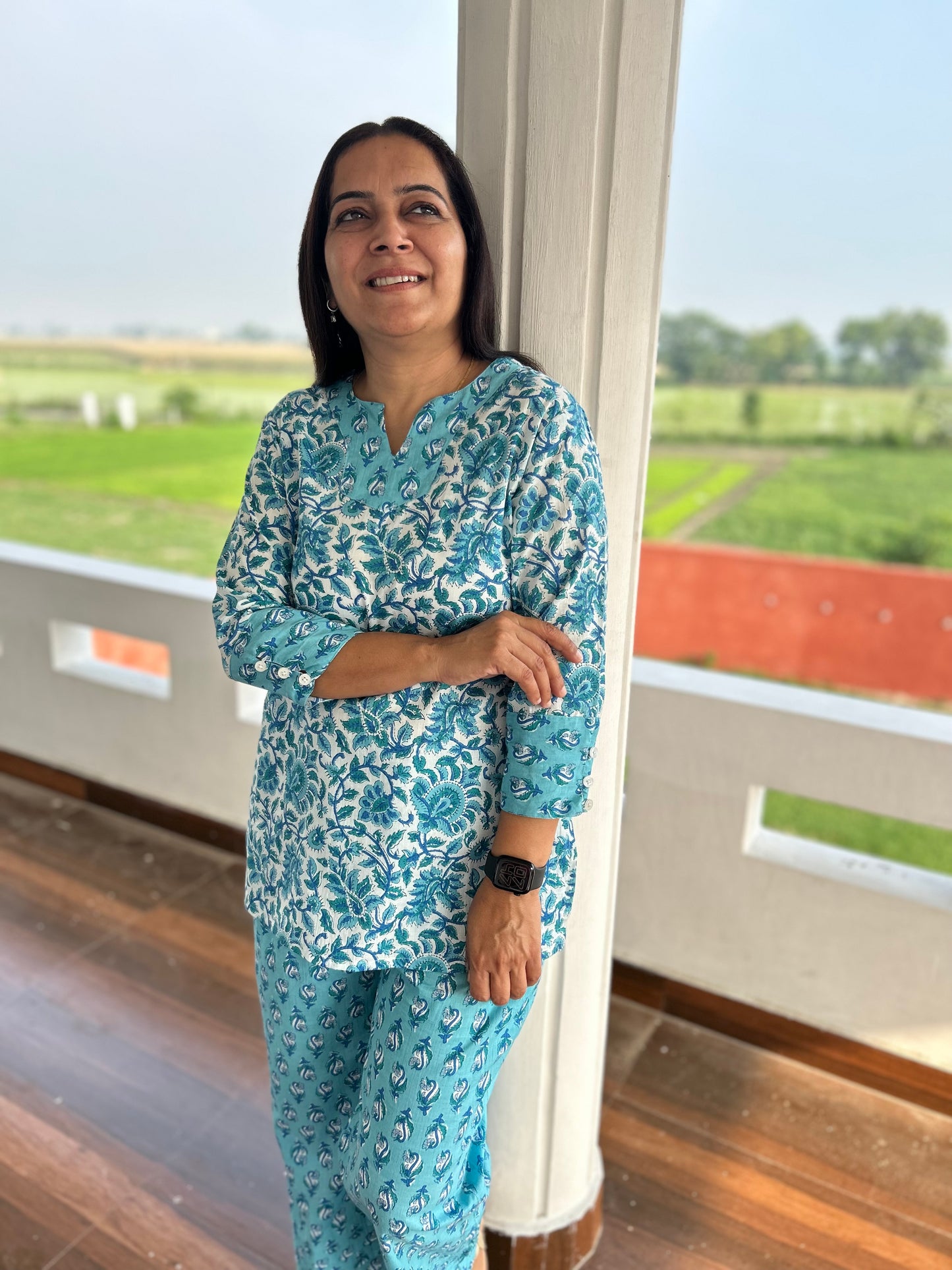 Blue Block Printed Night Suit