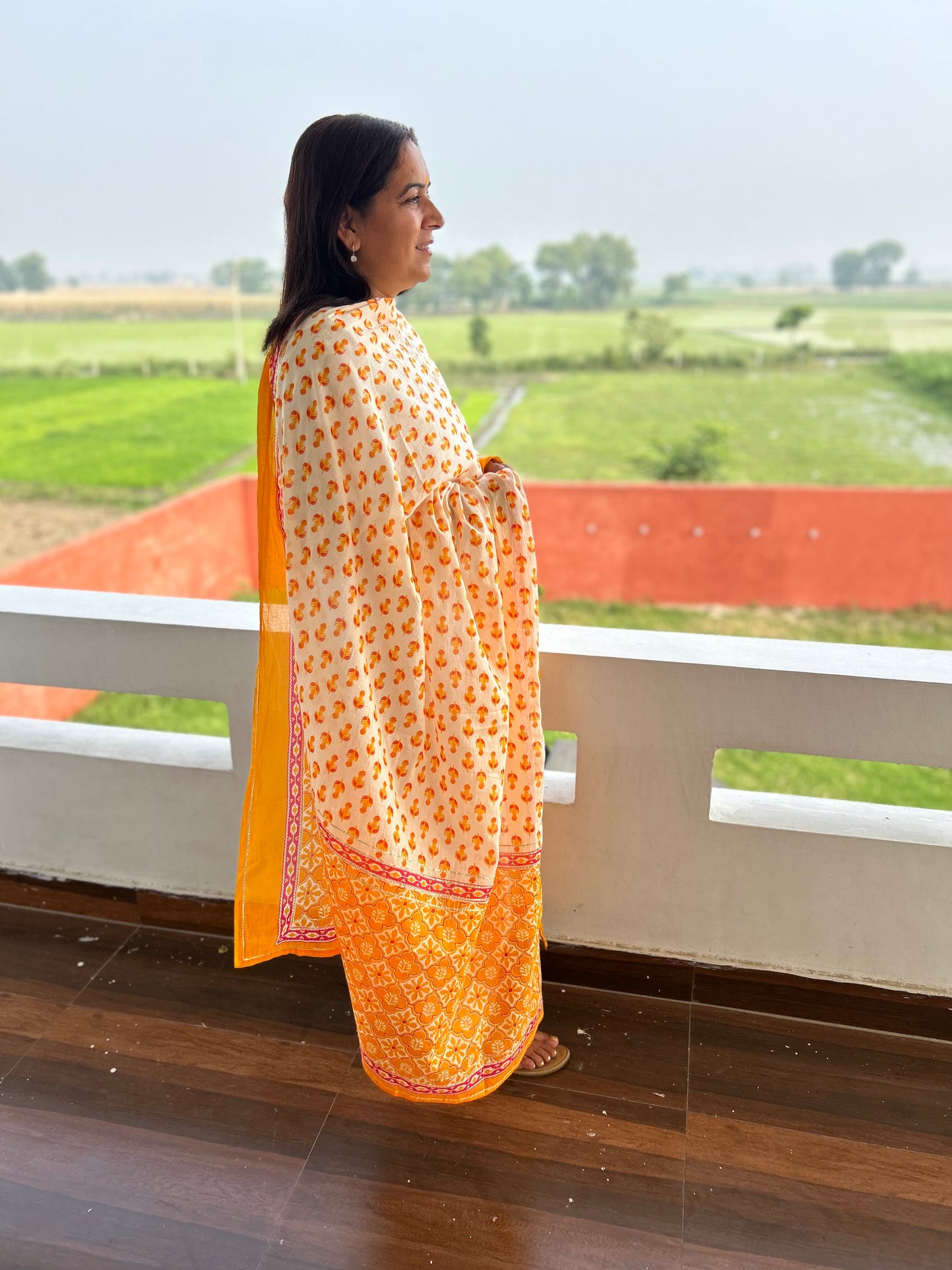 Orange Block Printed Cotton Dupatta