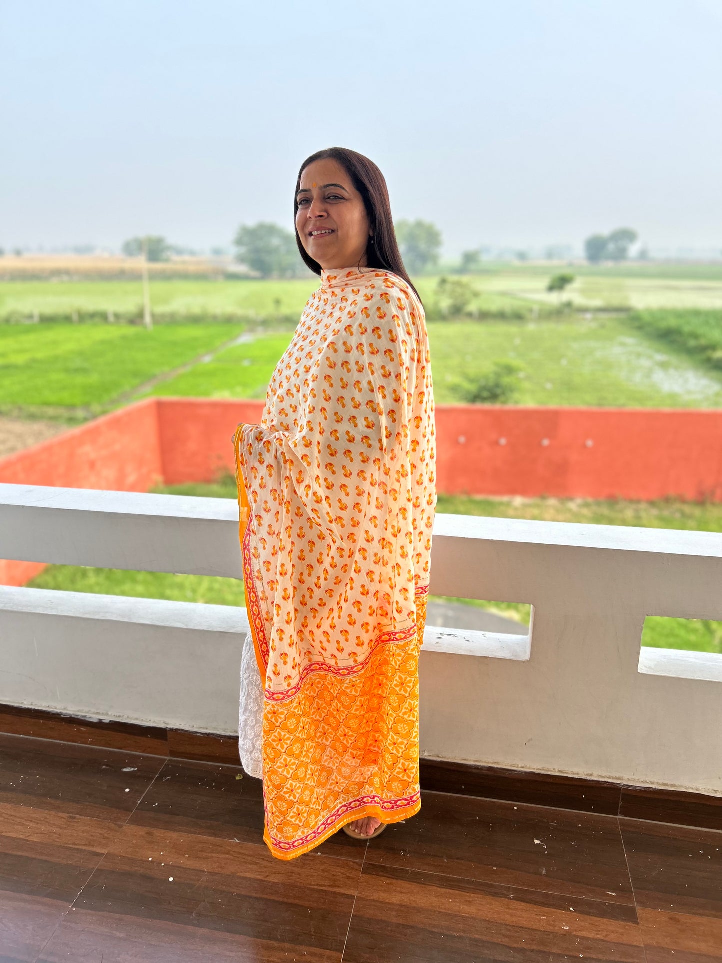 Orange Block Printed Cotton Dupatta