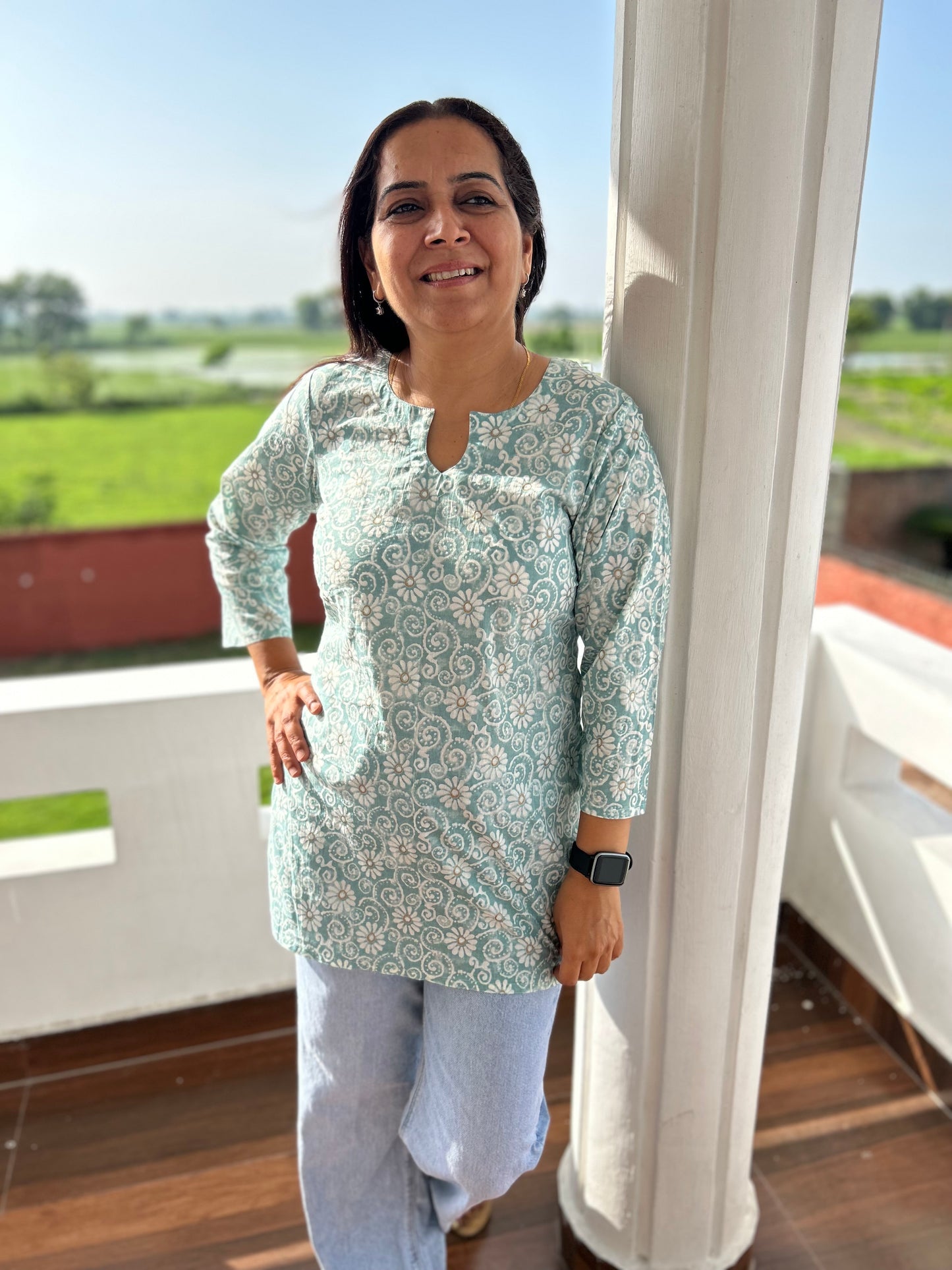 Sea Green Cotton Block Printed Short Kurti