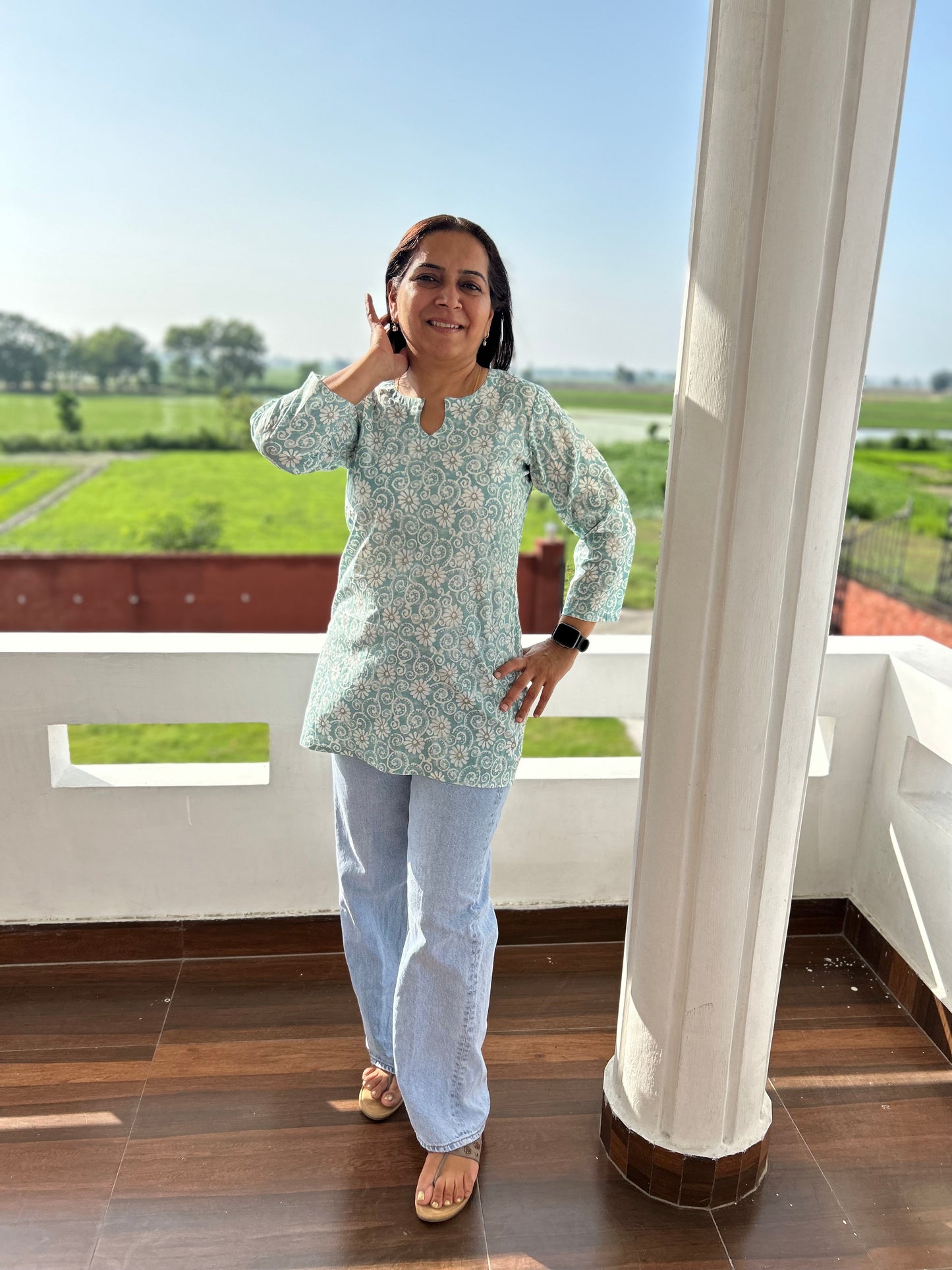Sea Green Cotton Block Printed Short Kurti
