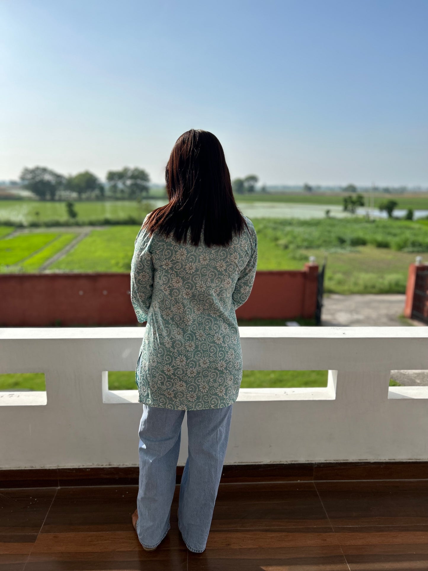 Sea Green Cotton Block Printed Short Kurti
