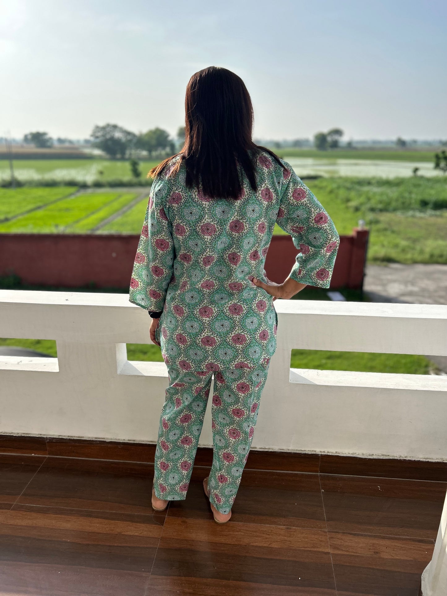 Green Cotton Block Printed Night Suit