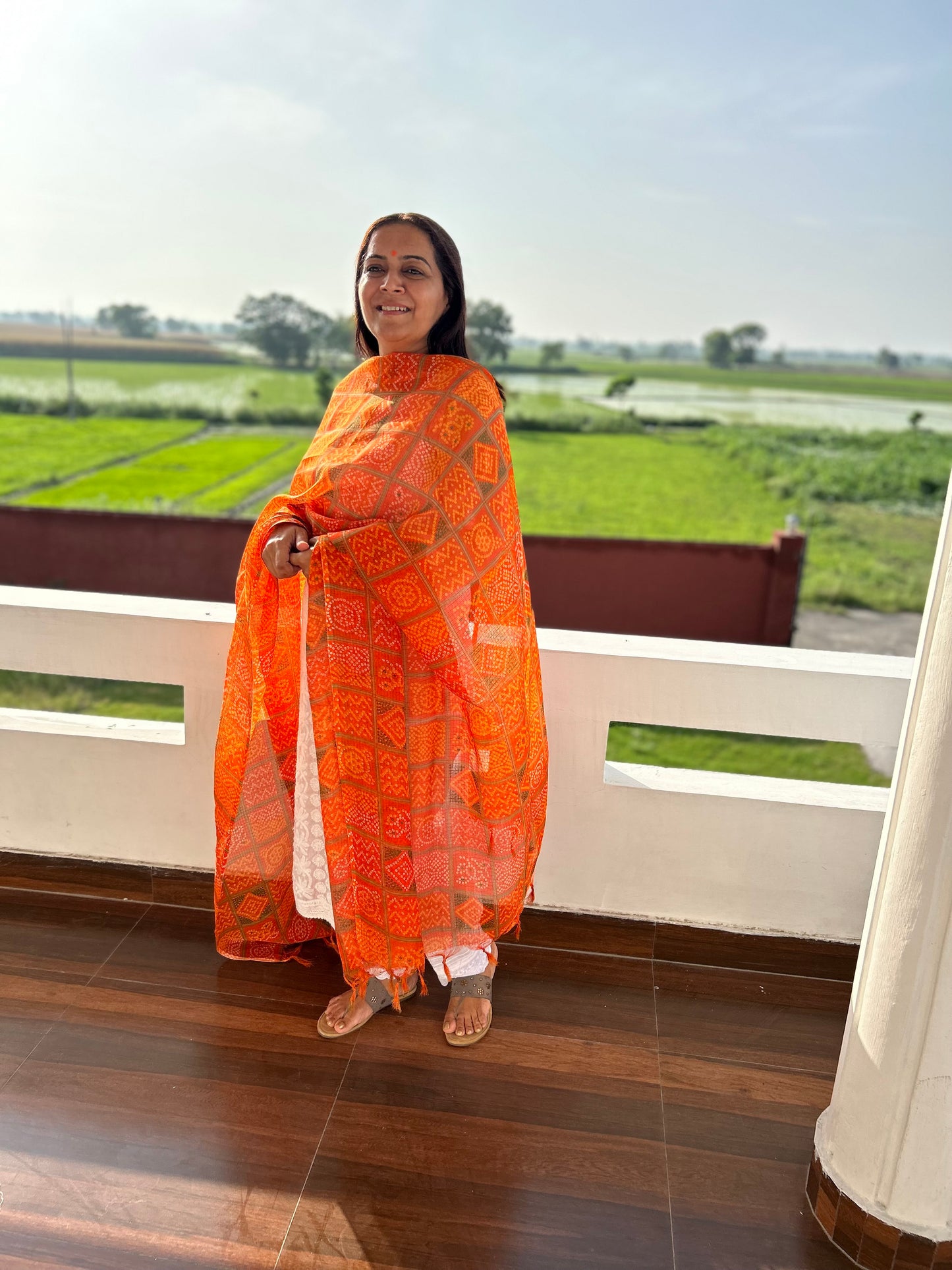 Orange Bhandani Print Kota Doria Dupatta