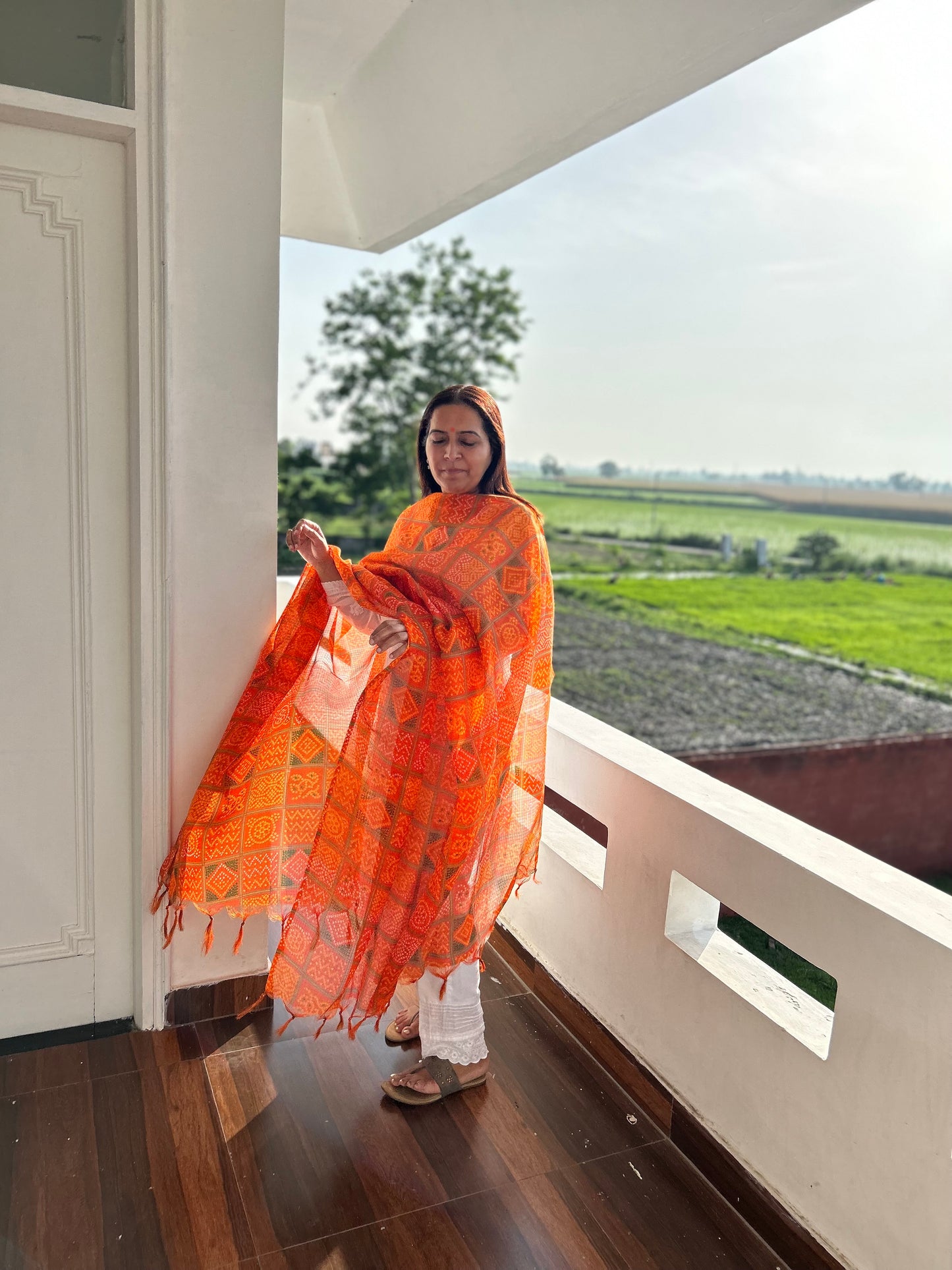 Orange Bhandani Print Kota Doria Dupatta