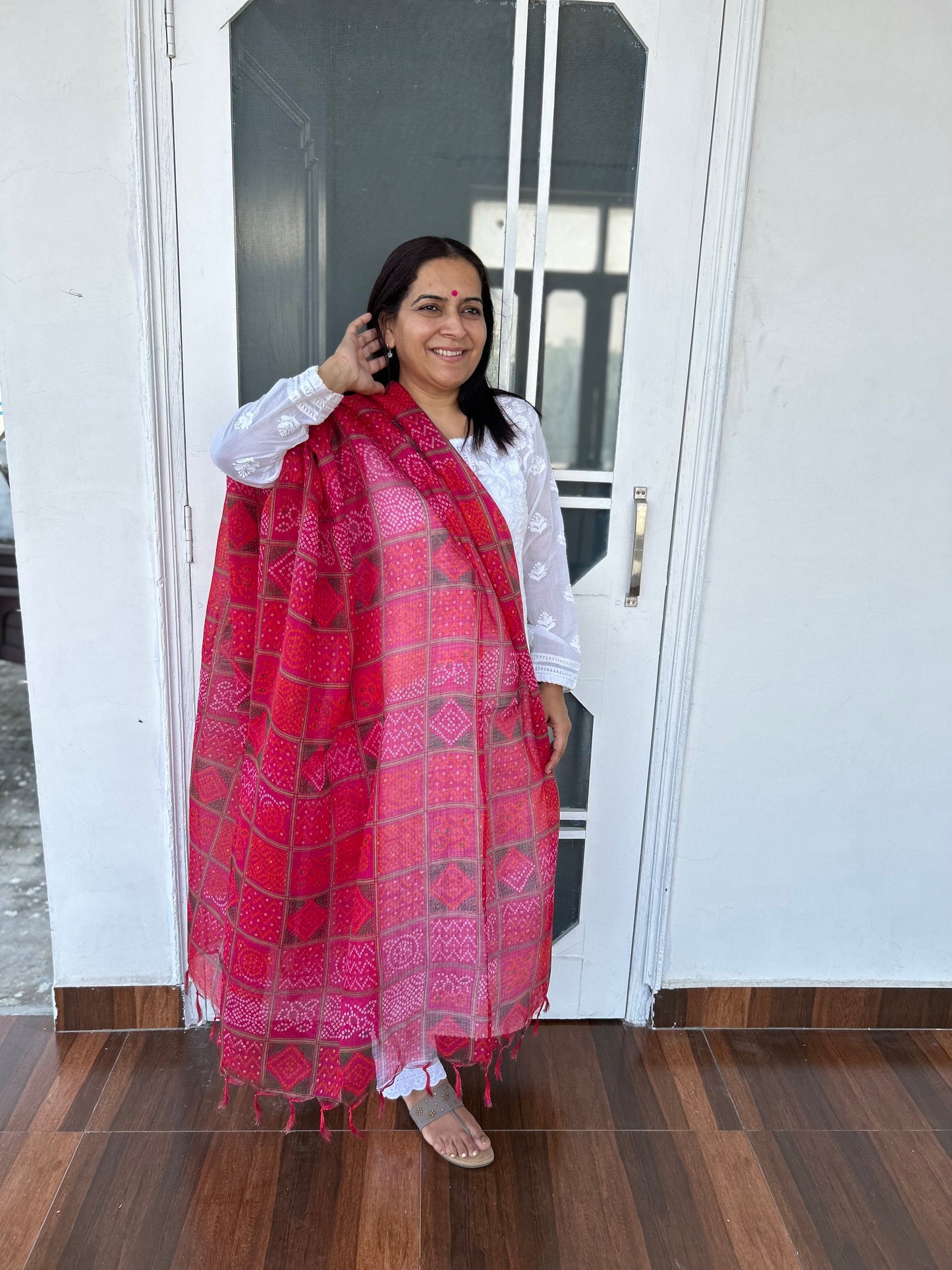 Pink Bhandani Print Kota Doria Dupatta
