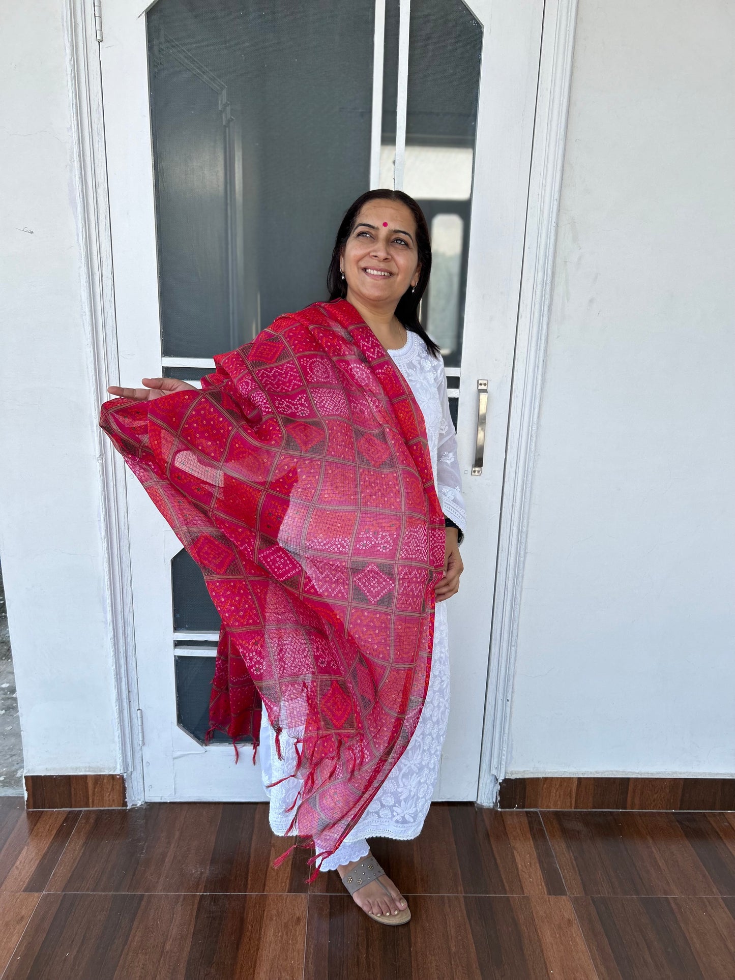 Pink Bhandani Print Kota Doria Dupatta