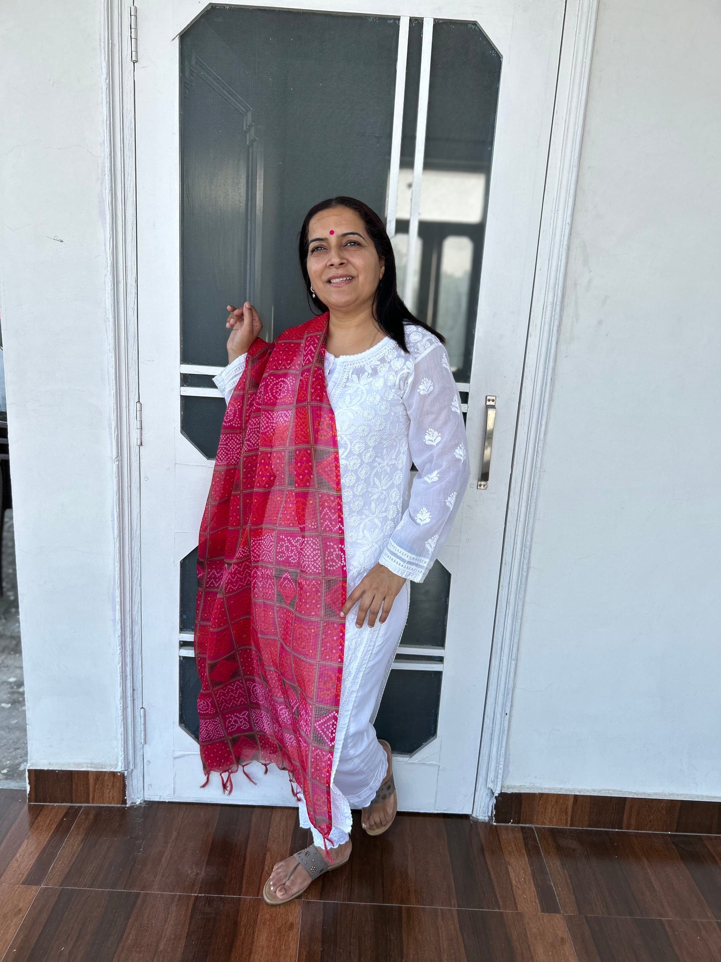 Pink Bhandani Print Kota Doria Dupatta