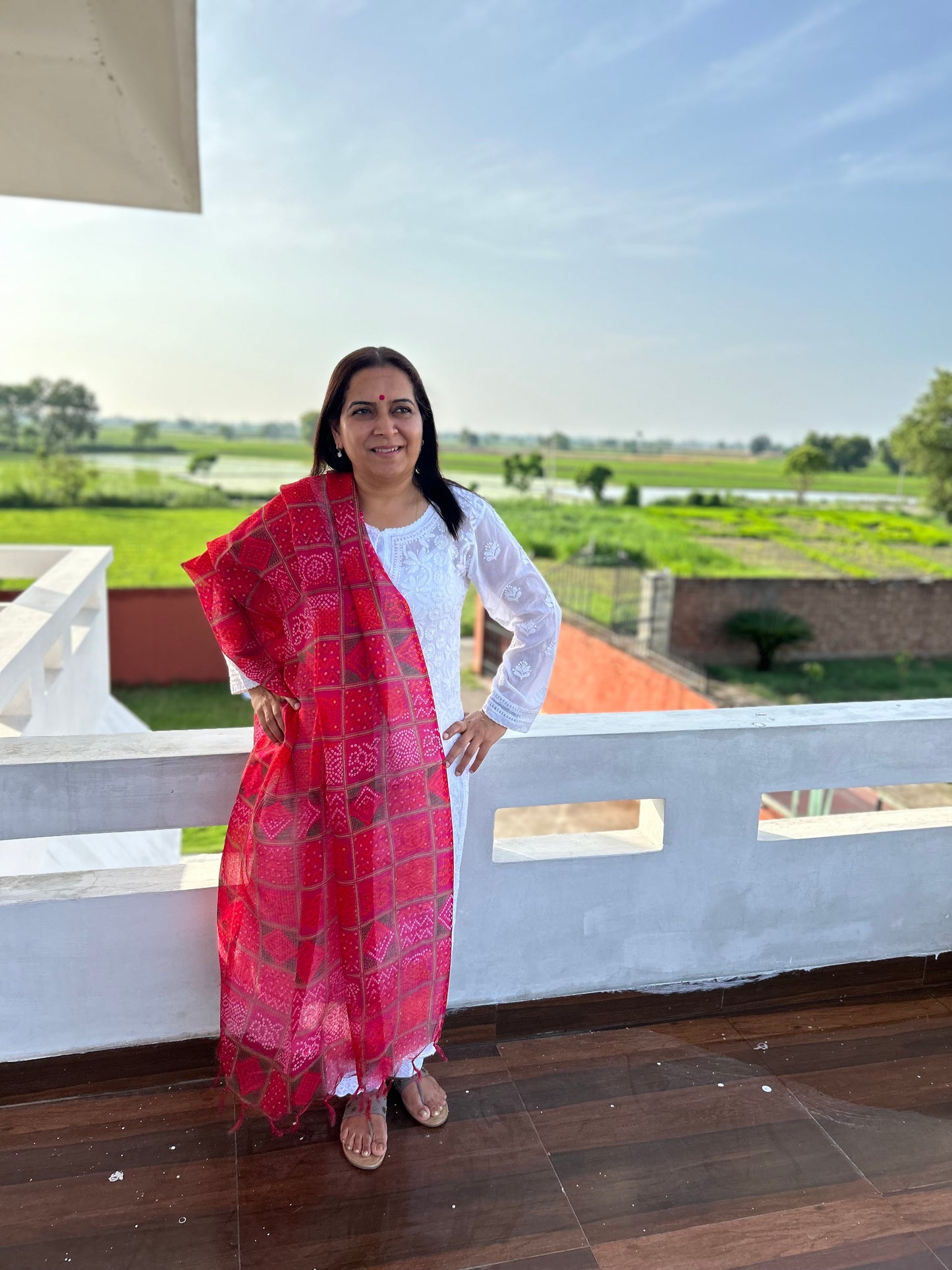 Pink Bhandani Print Kota Doria Dupatta