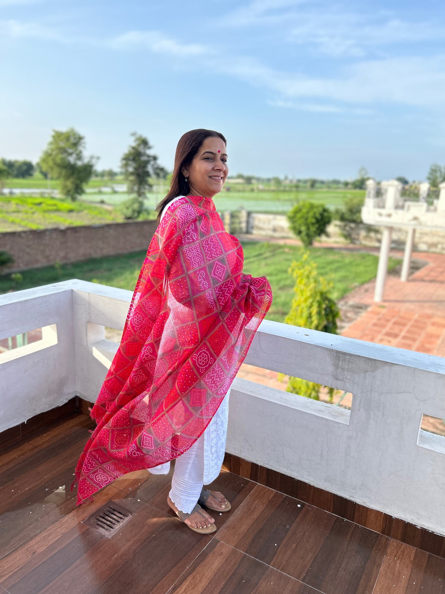 Pink Bhandani Print Kota Doria Dupatta
