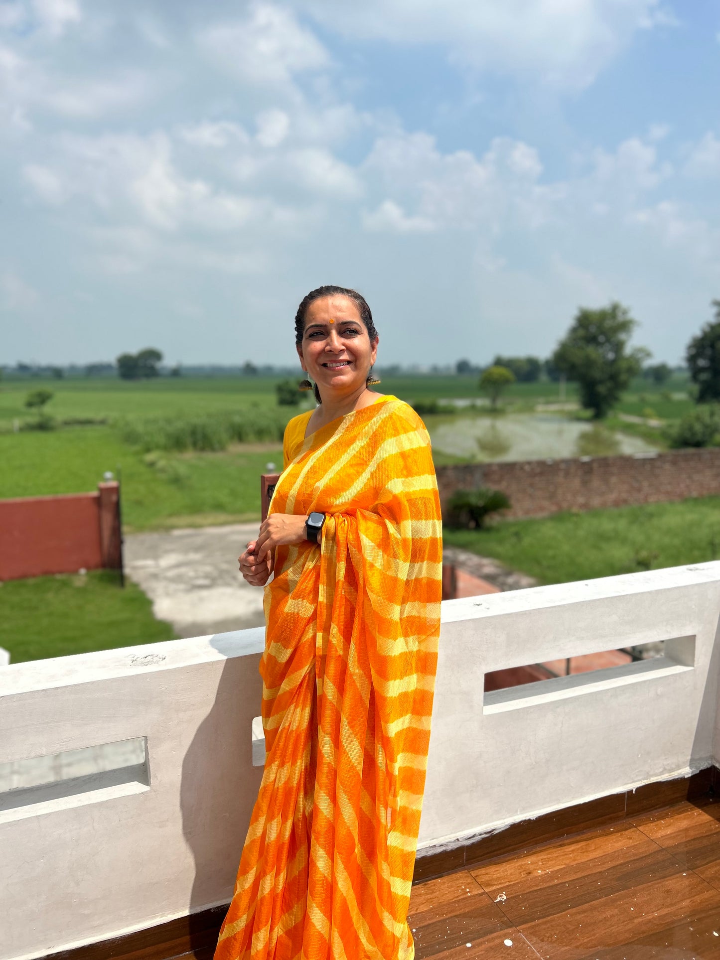 Orange Yellow Lehriya Kota Doria Sari