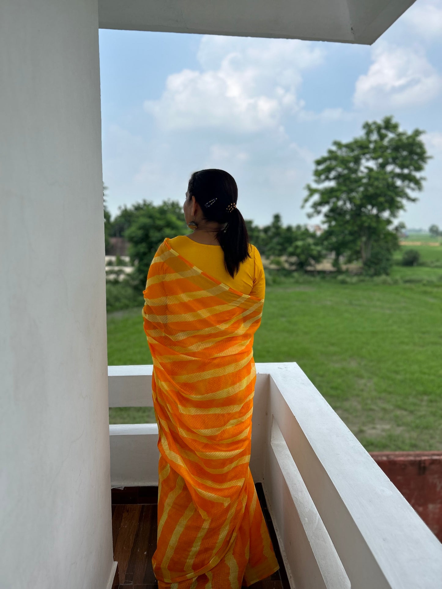 Orange Yellow Lehriya Kota Doria Sari