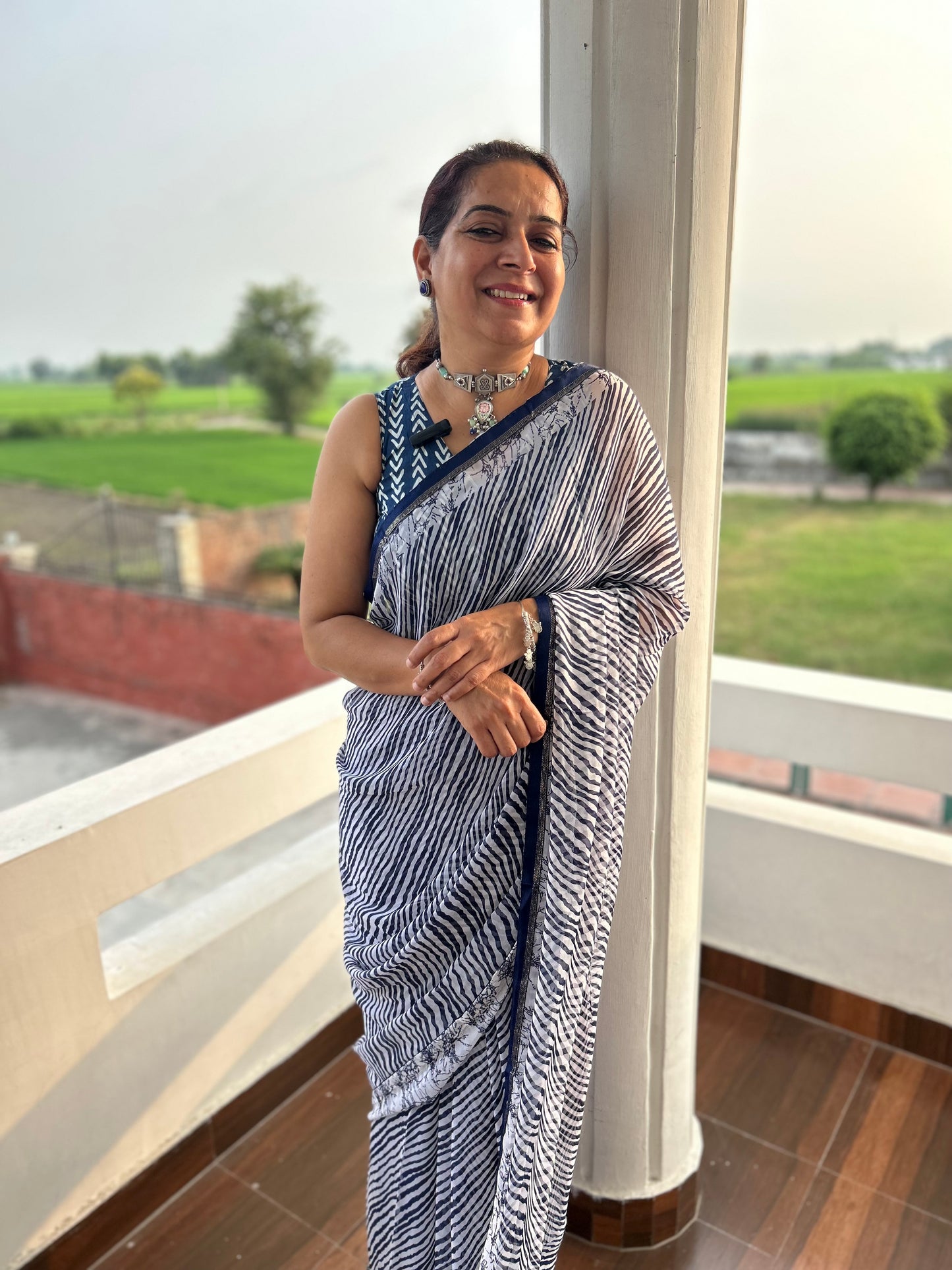 Navy Blue Lehriya Georgette Sari