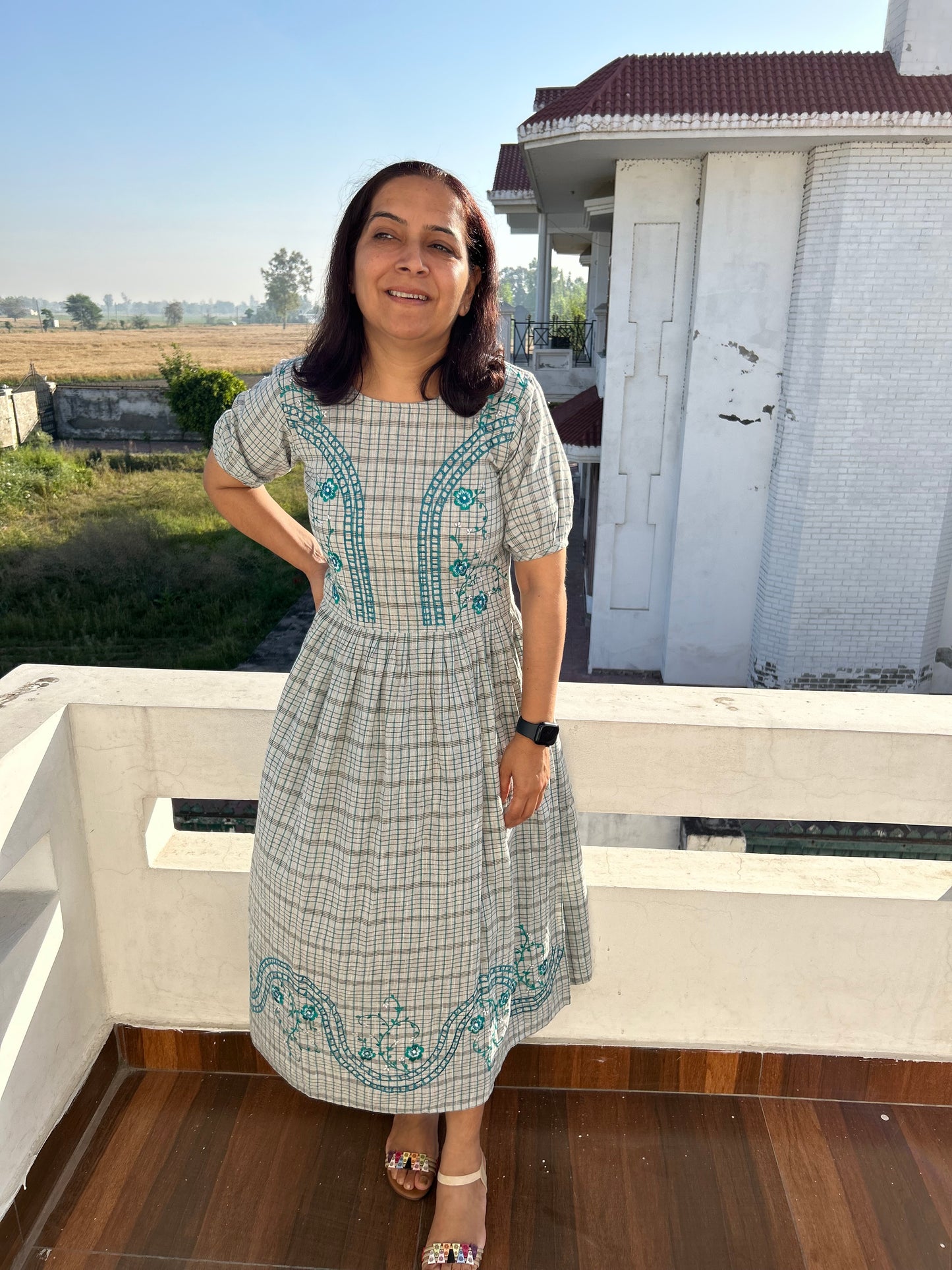 Grey Khadi Cotton Machine Embroidered Dress